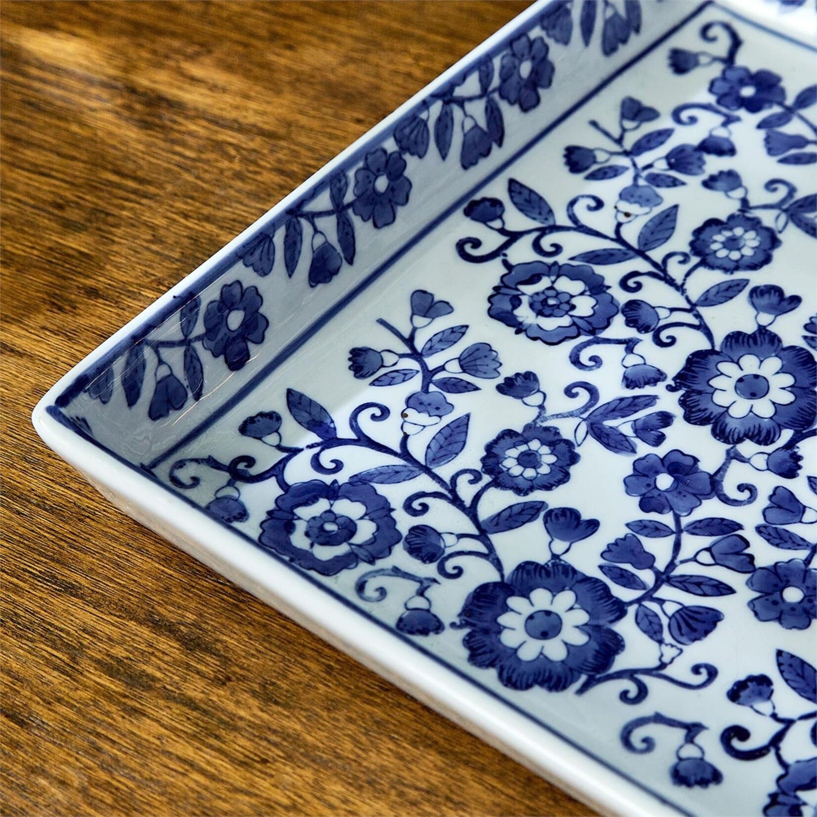 Two's Company Chinoiserie Hand-Painted Blue and White Floral Tray
