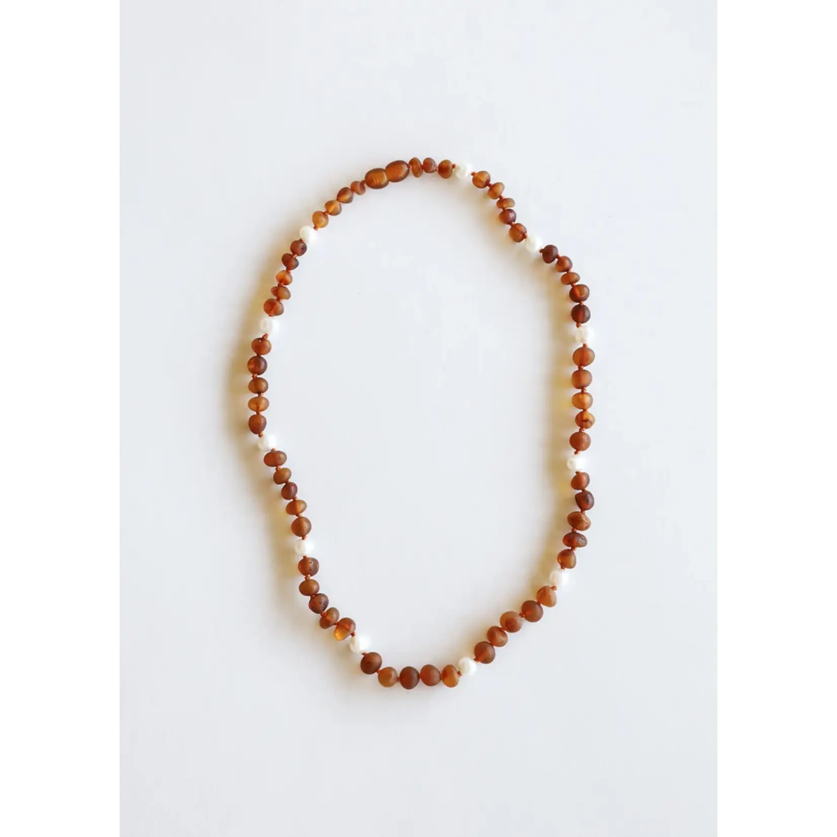 Canyon Leaf Raw Cognac Baltic Sea Amber + Pearl Halo Beaded Necklace 11"