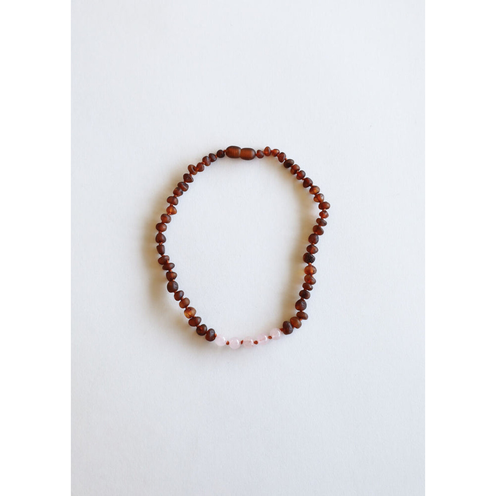 Canyon Leaf Raw Cognac Baltic Amber + Rose Quartz 12"