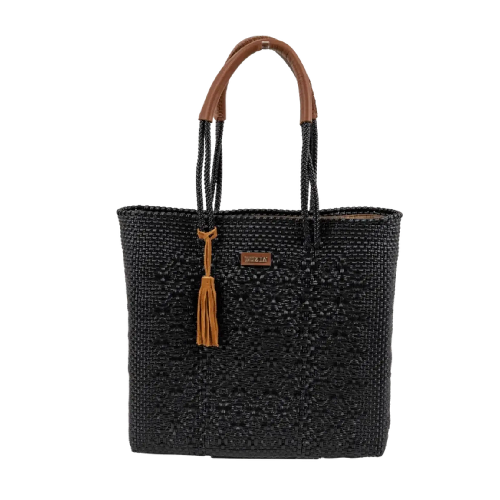 Luzia Shoulder Tote Multi Diamond Solid Black Leather Cognac