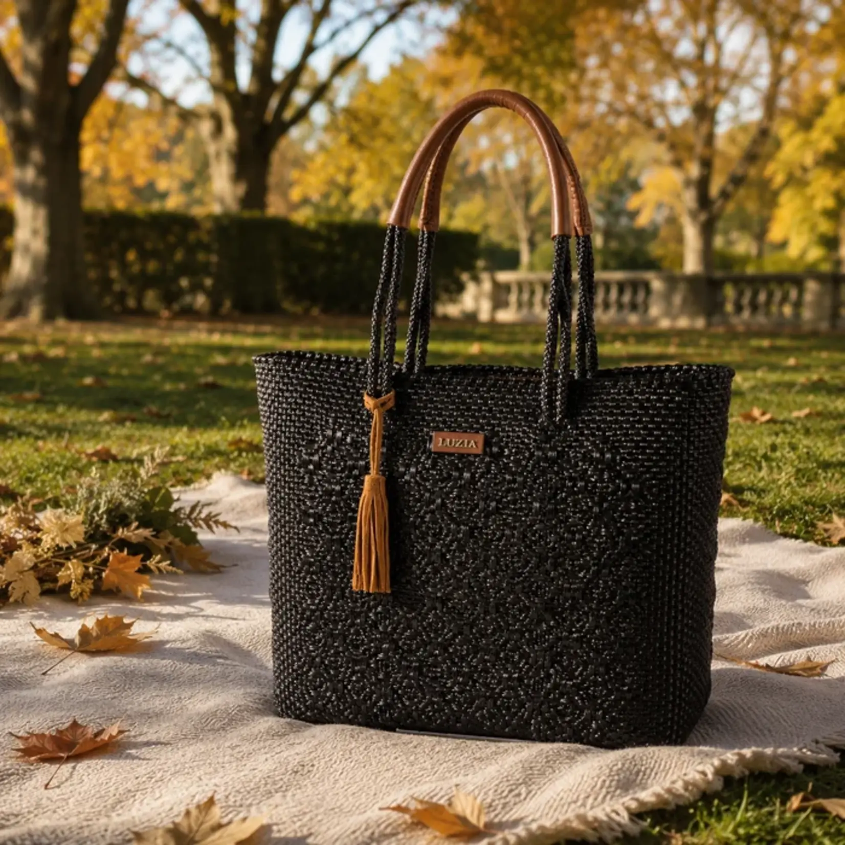 Luzia Shoulder Tote Multi Diamond Solid Black Leather Cognac