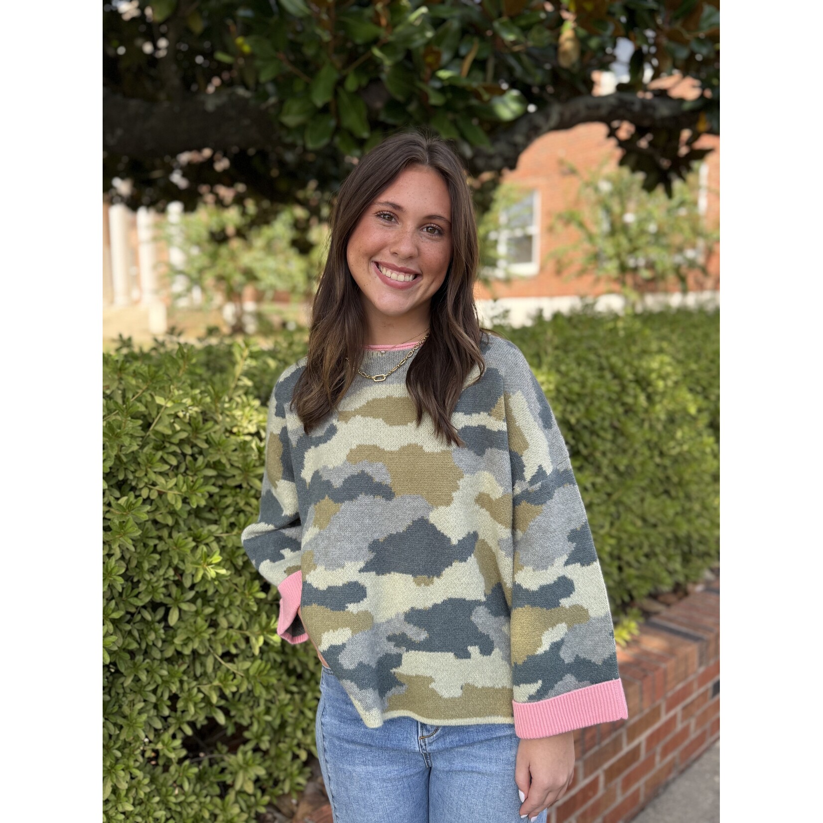 Bibi Soft Camo Contrast Neck and Roll Up Sweater Camo/Pink