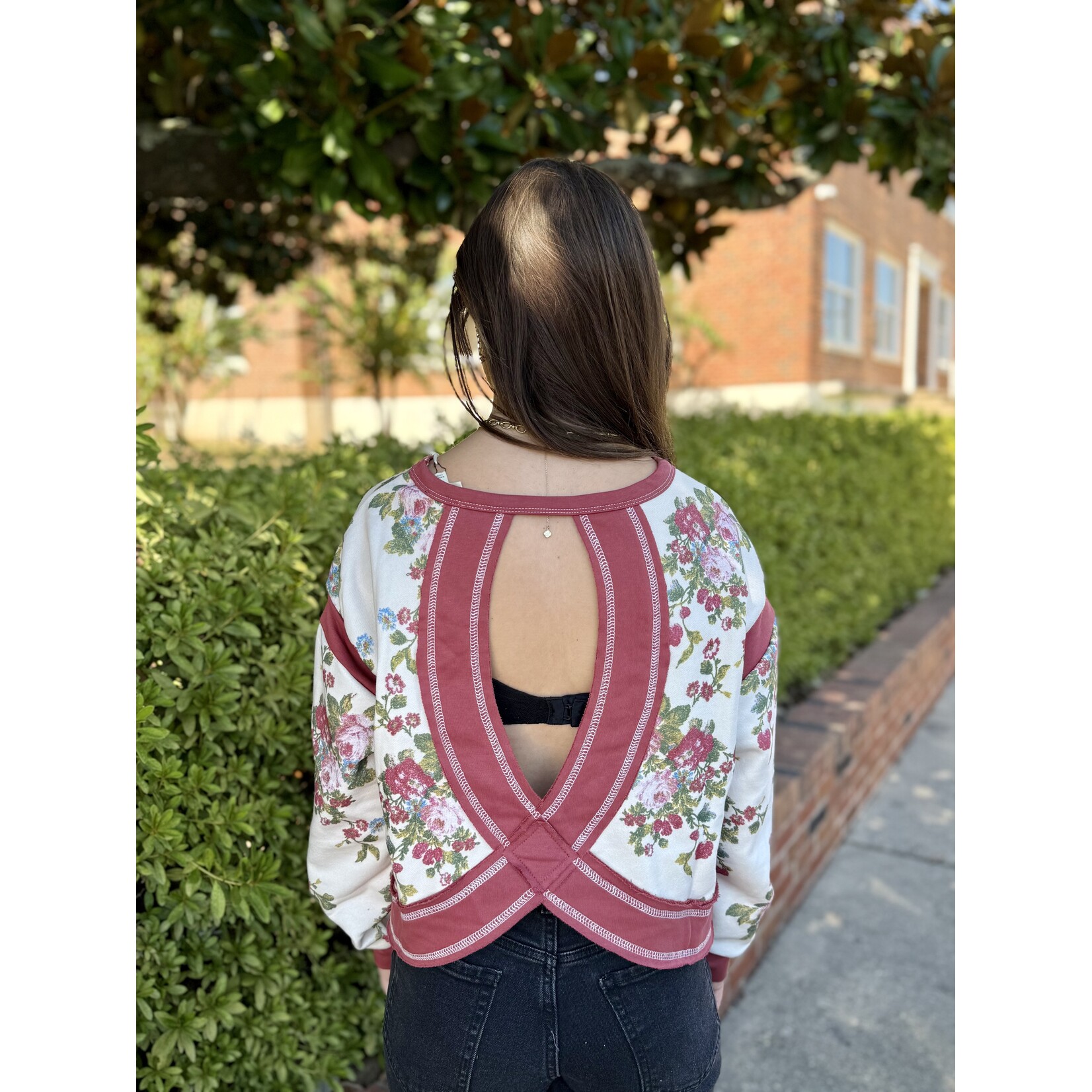 Bibi Floral Brushed Terry Open Back Long Sleeve Top