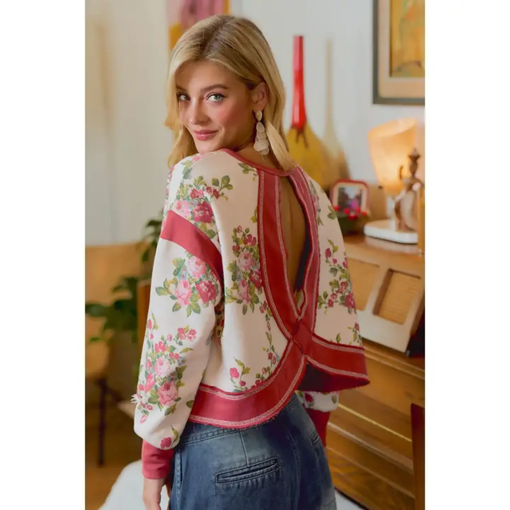 Bibi Floral Brushed Terry Open Back Long Sleeve Top
