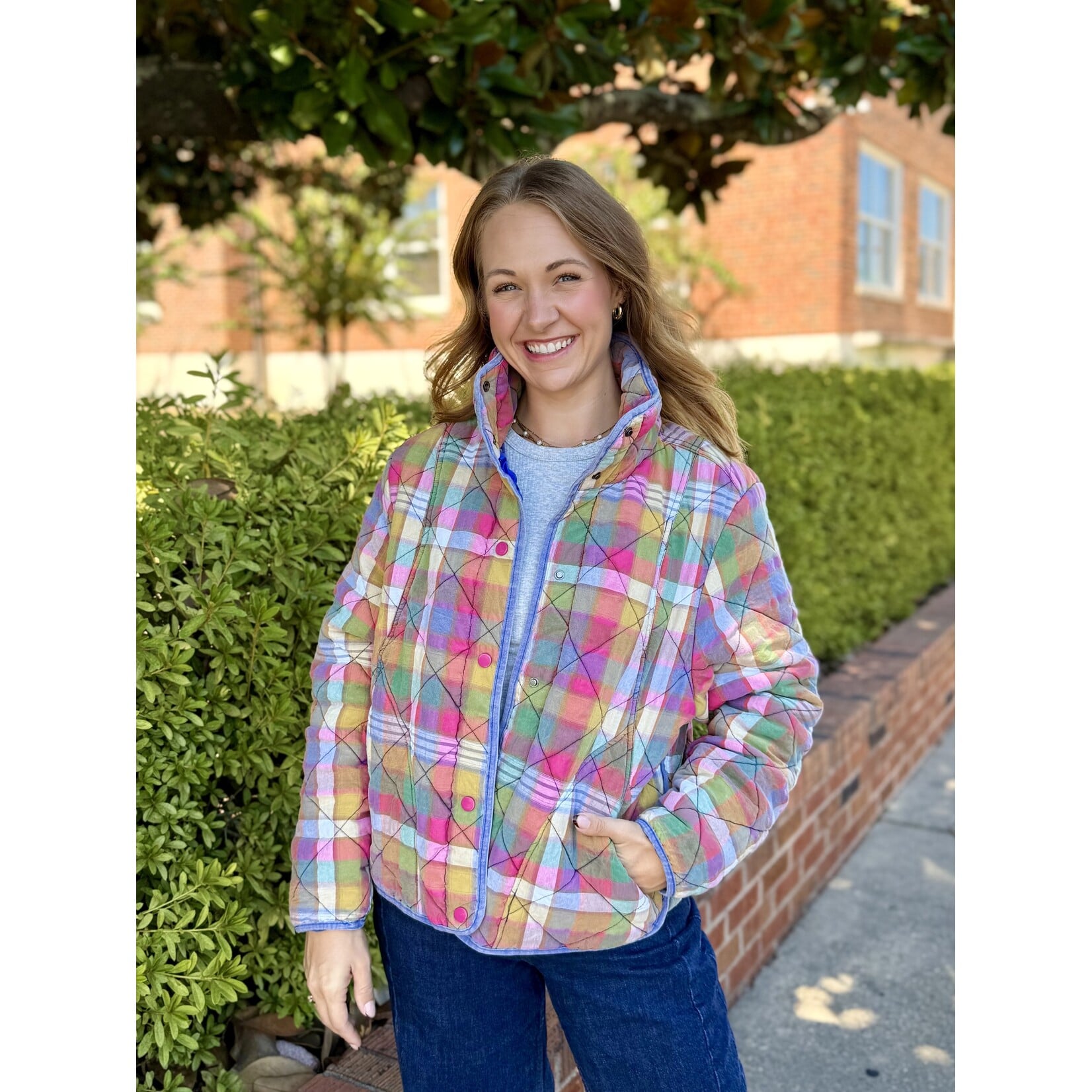 Bibi Bleached Vintage Plaid Quilted Jacket w/Pockets