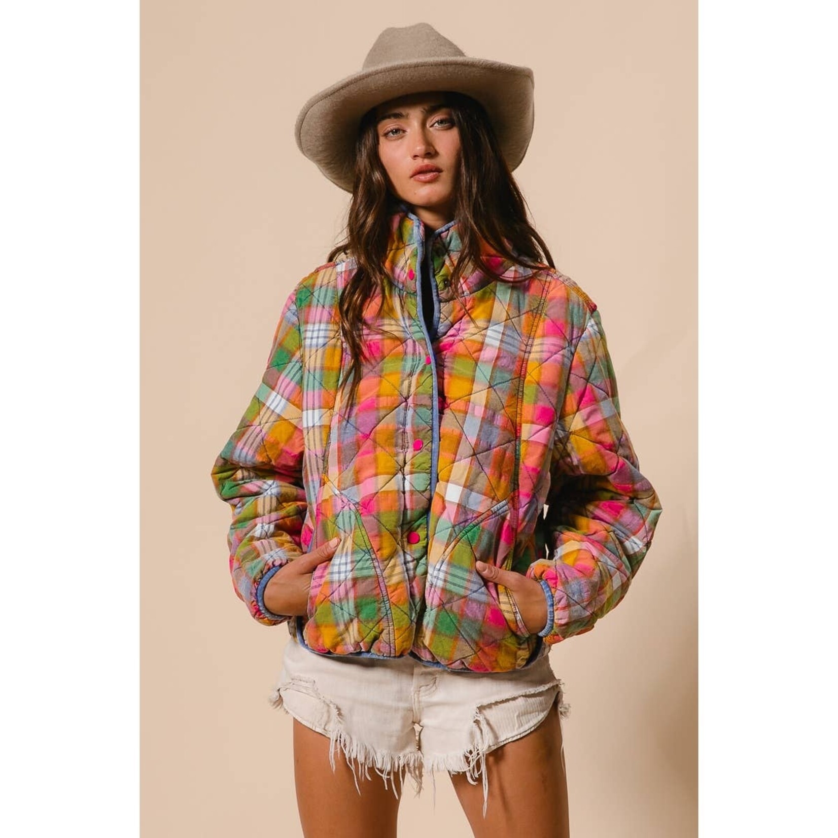 Bibi Bleached Vintage Plaid Quilted Jacket w/Pockets