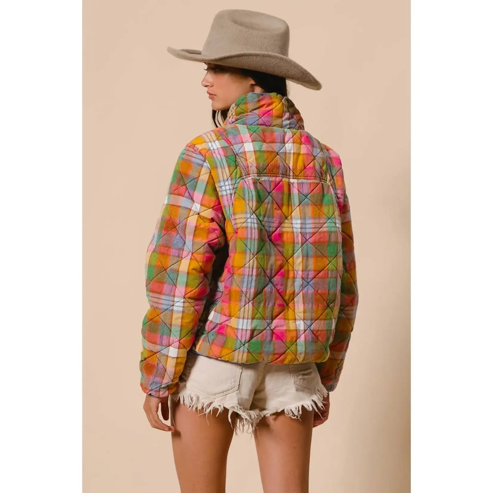 Bibi Bleached Vintage Plaid Quilted Jacket w/Pockets