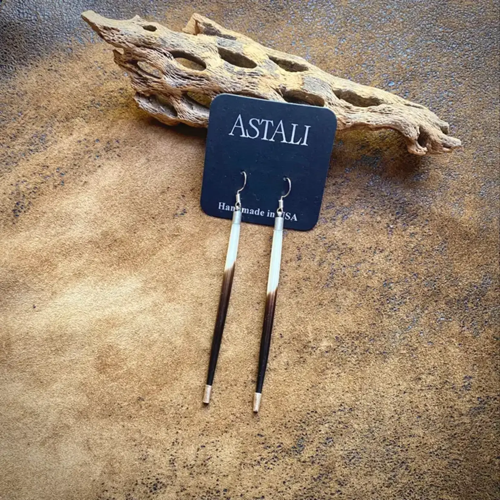 Astali Porcupine Quill Earrings Long Black/Brown & Ivory, SILVER