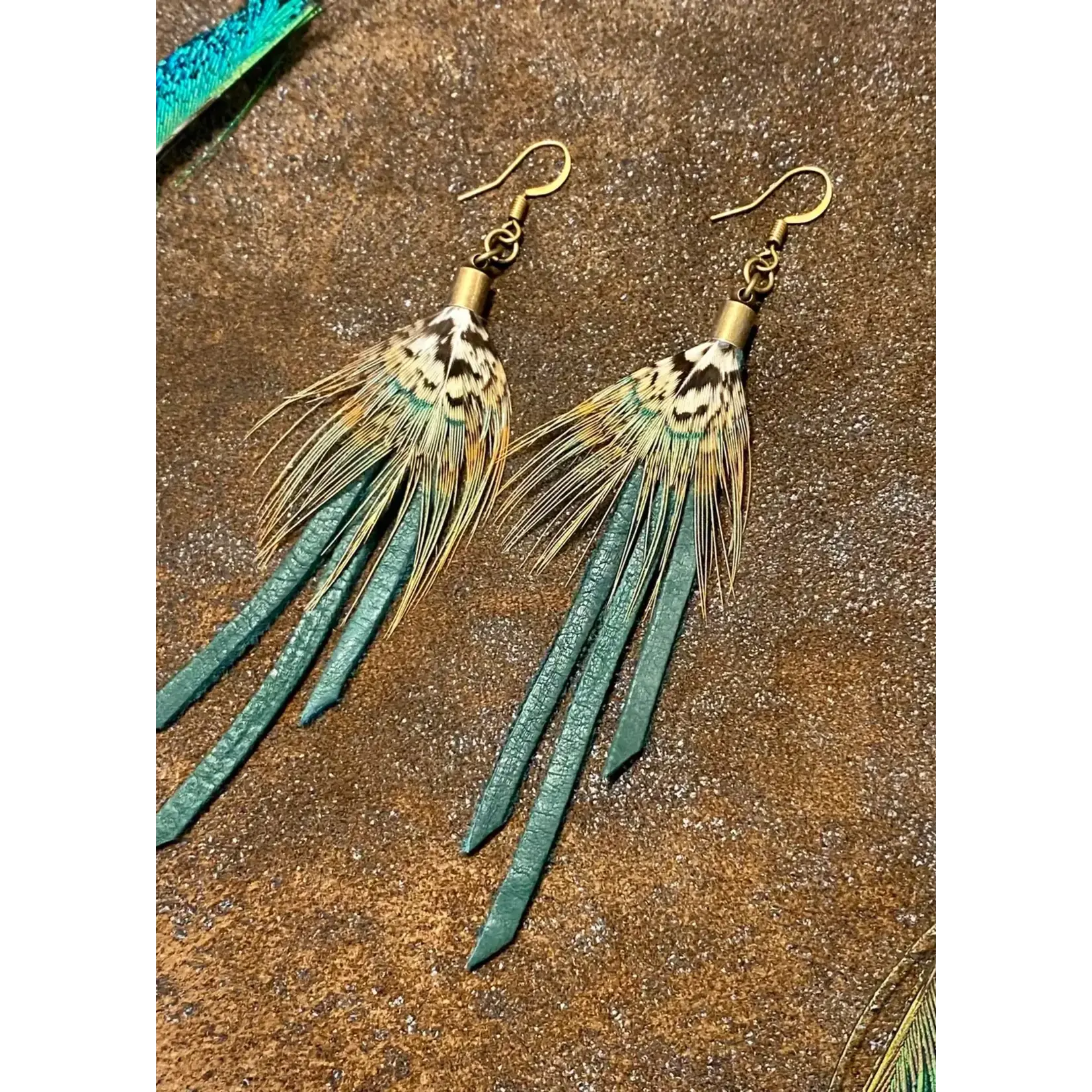 Astali Feather Mini Earrings - Hunter Leather & Pheasant Feather