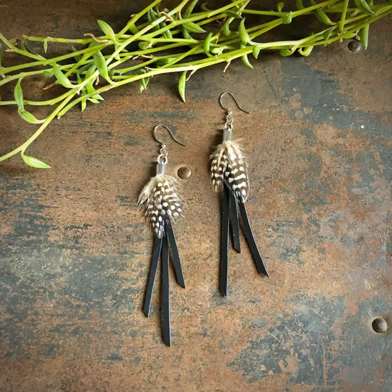 Astali Feather Mini Earrings - Black Leather & Guinea Hen Feather