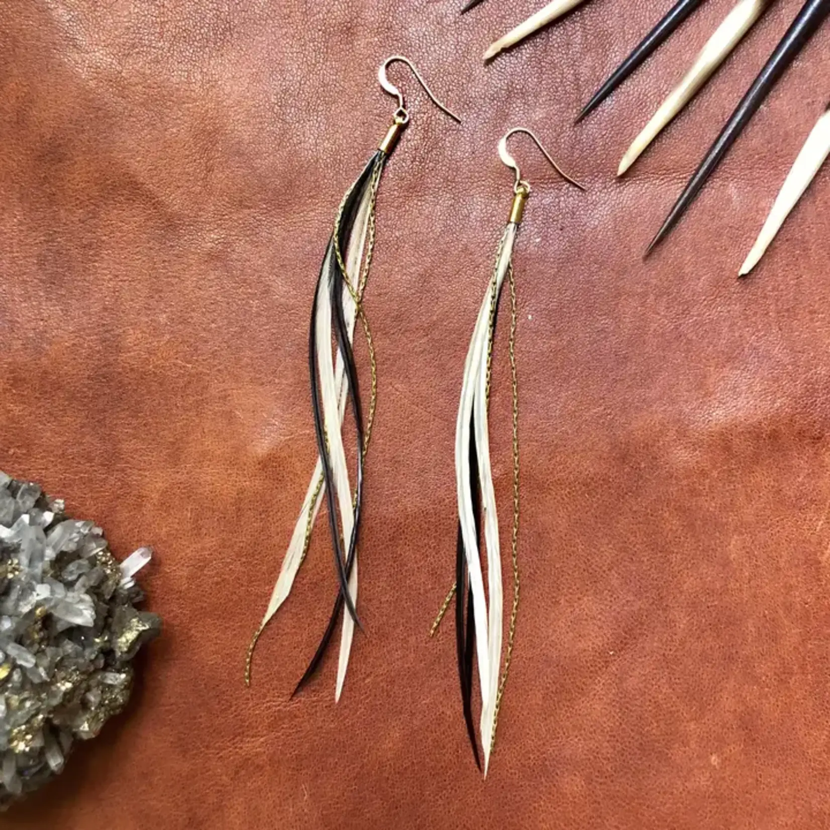 Astali Mini Feather Earrings Black/Gold, Boho Western
