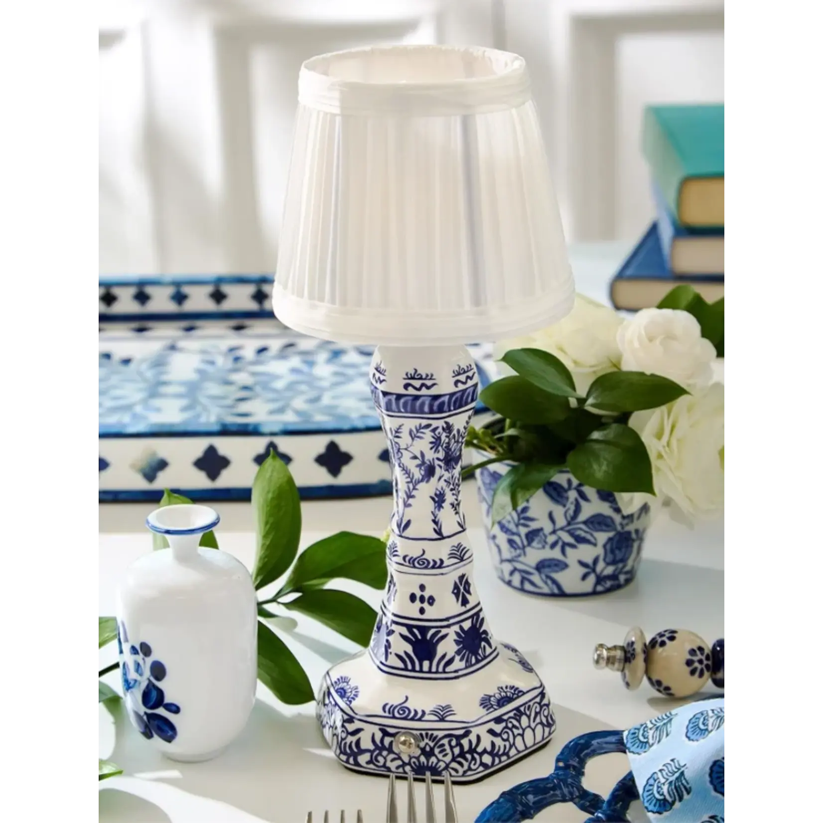 Two's Company LED Cordless Chinoiserie Blue and White Floral Lamp
