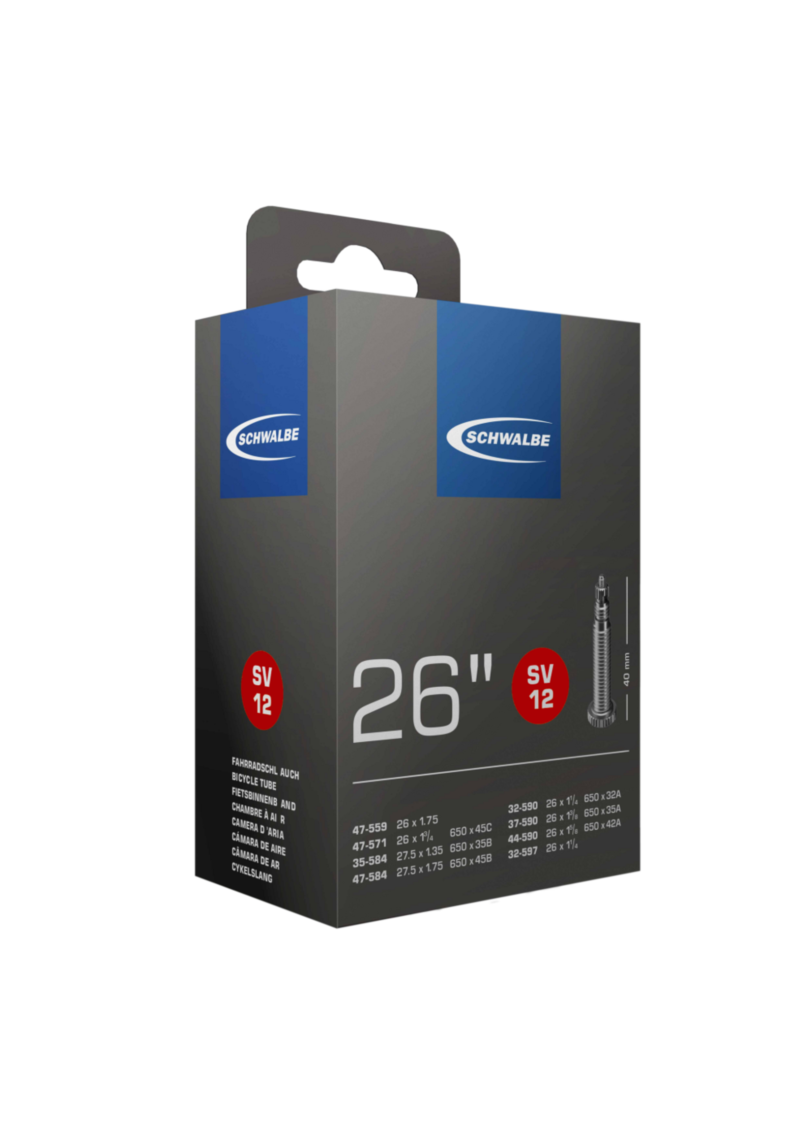 Schwalbe Chambre à Air Schwalbe #12 26 x 1.125-1.75 et 650B X 35-47 mm Valve Presta 40 mm SV12
