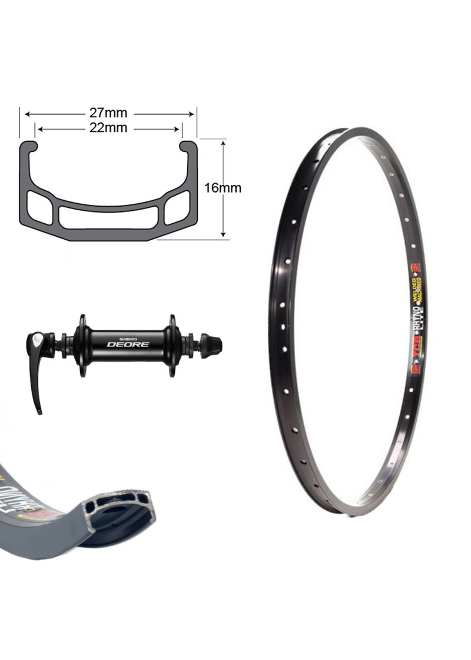 Sun Ringlé Roue Avant 26", Jante Sun Ringlé Rhyno LIte Noire, Moyeu Shimano Deore HB-T610, 36 Rayons  Pillar Inox Noirs