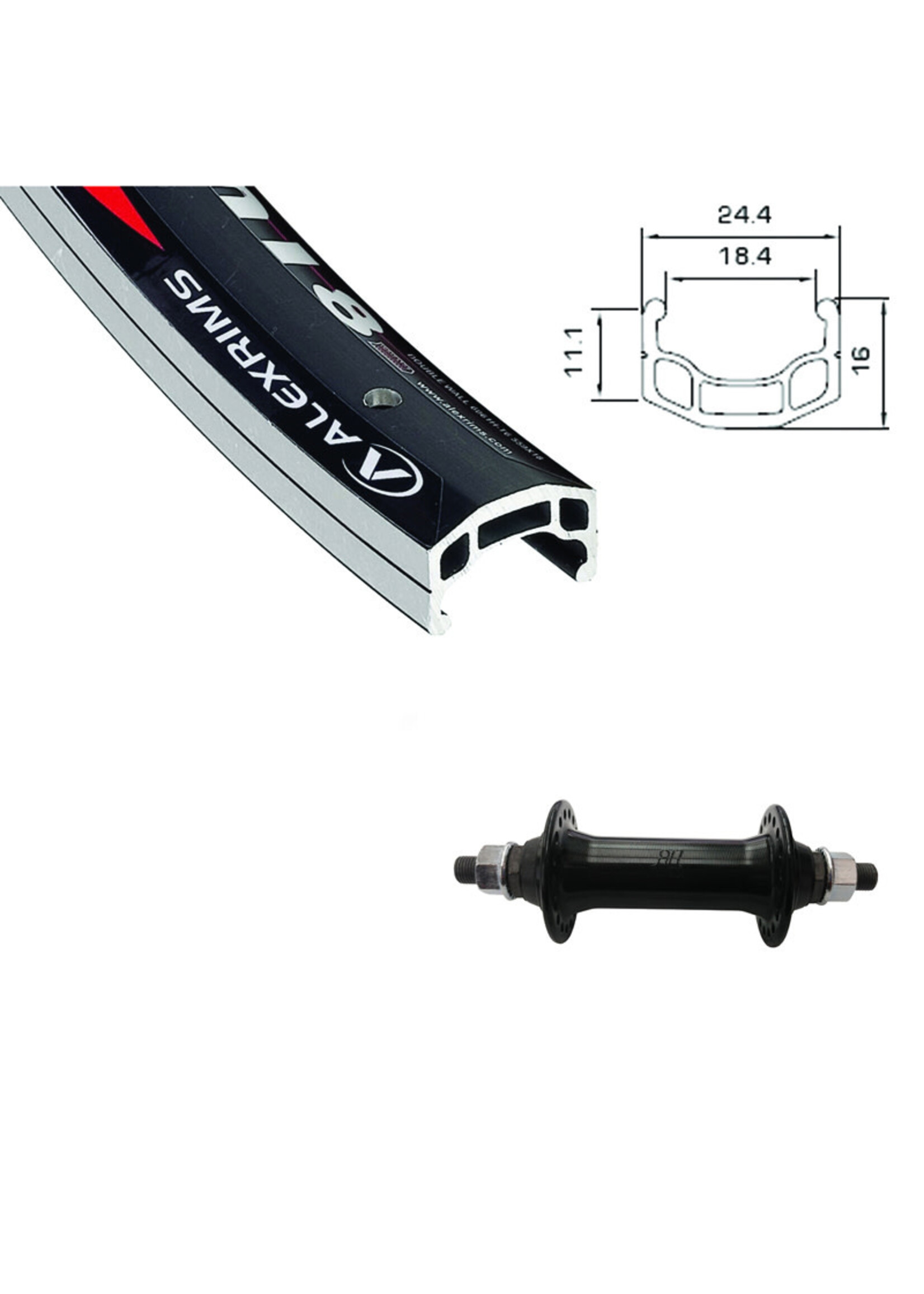 Alexrims Roue Avant 26", Jante Alexrims DM18 Noire, Moyeu Joytech Boulonné, 36 Rayons DT Champion Noirs