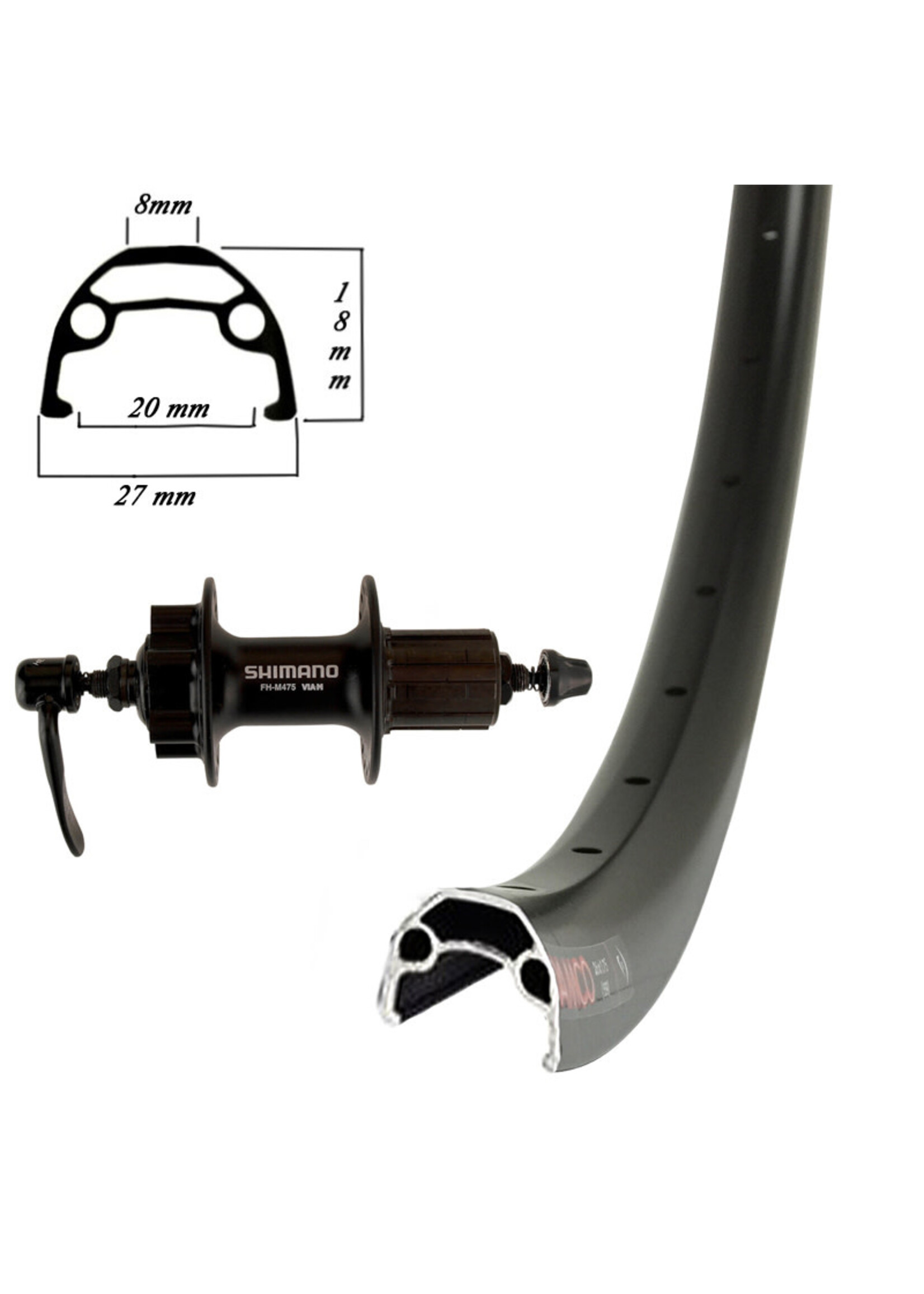 Damco Roue Arrière 650B/27.5", Jante Damco Disque Noire, Moyeu Shimano FH-TX506, 36 Rayons Noirs Inox