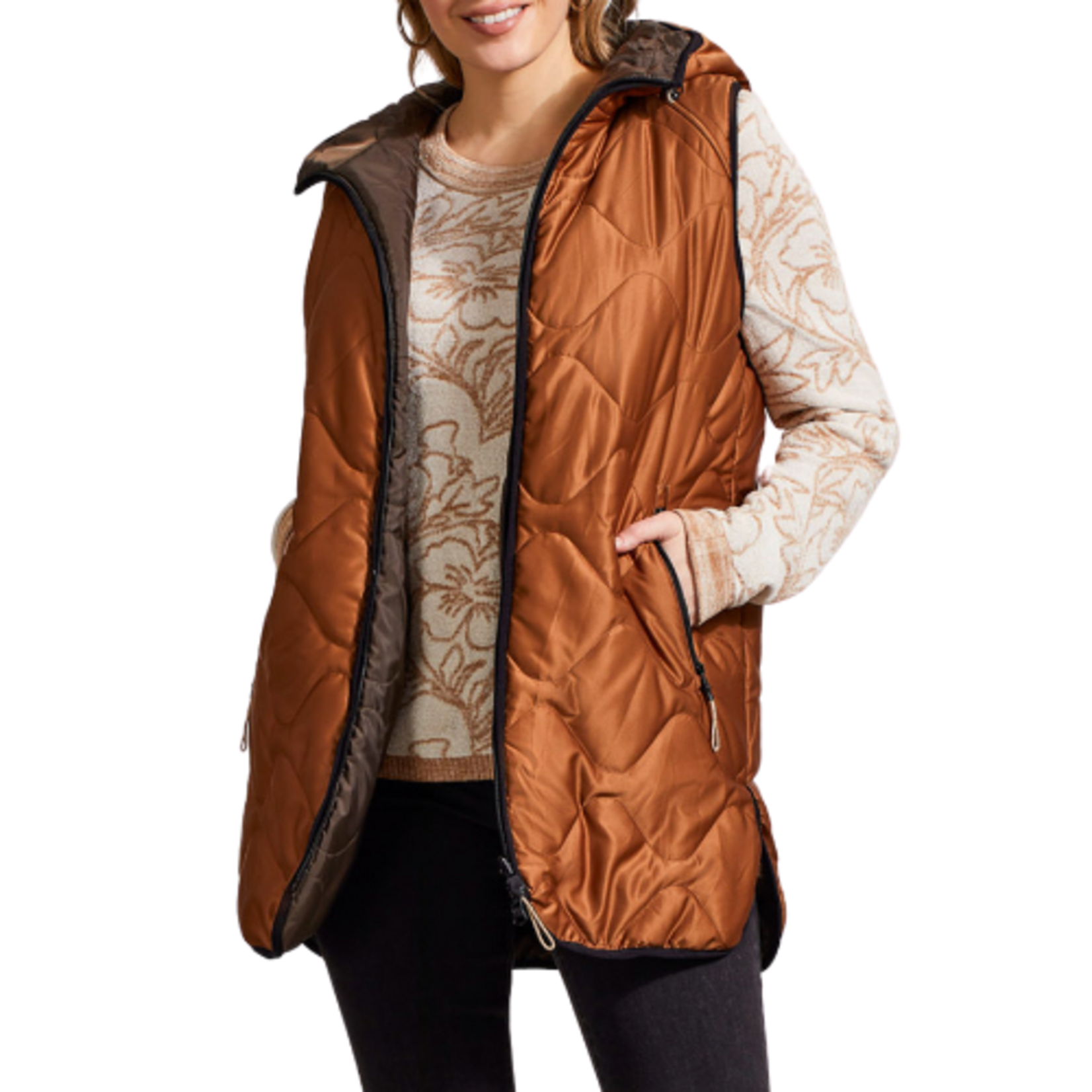 Tribal Tribal - Reversible Hooded Puffer Vest w/ Hi-Low Hem -