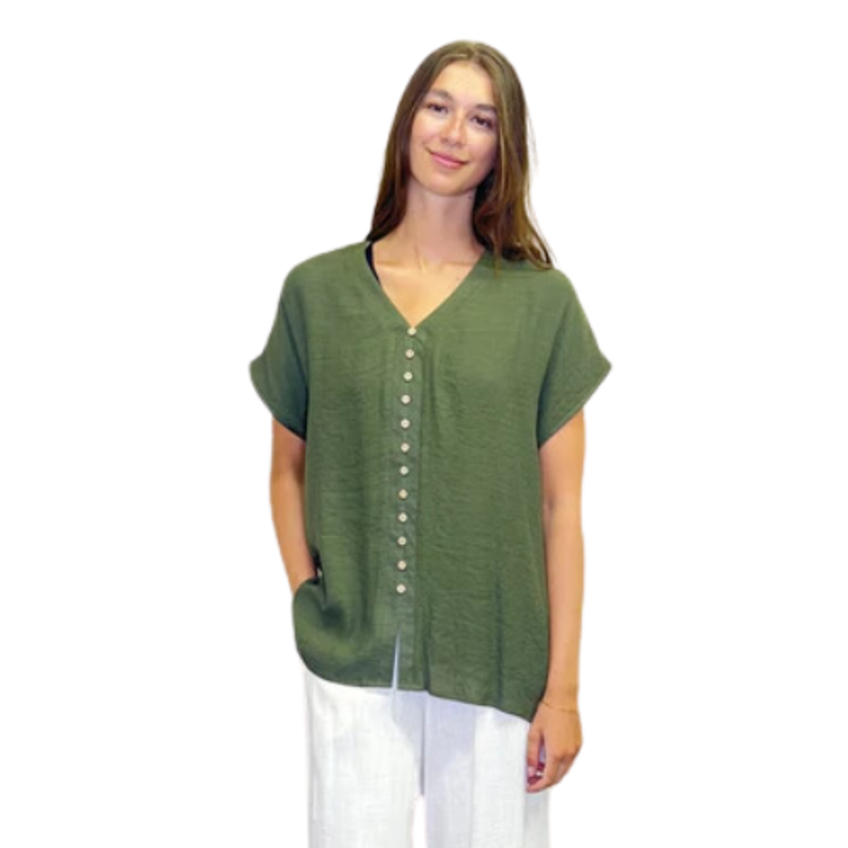 Papillon - Short Sleeve Crinkle Button Front Top