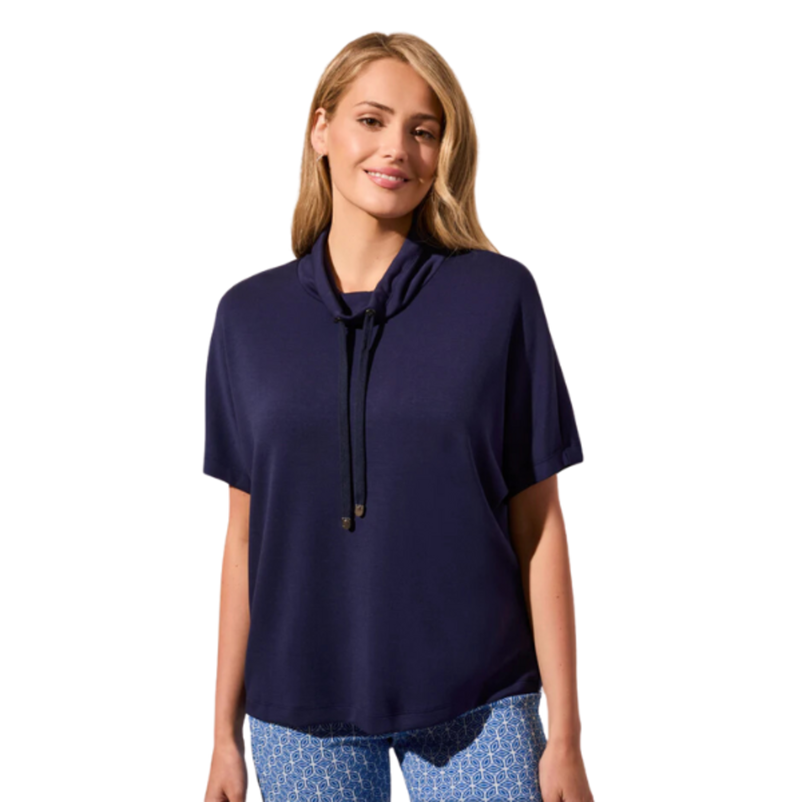 Tribal Tribal - Techno Lux Funnel Neck Short Sleeve Top