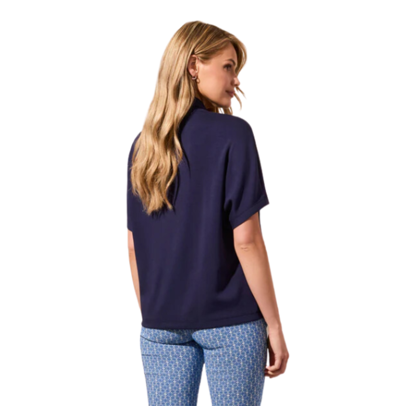 Tribal Tribal - Techno Lux Funnel Neck Short Sleeve Top