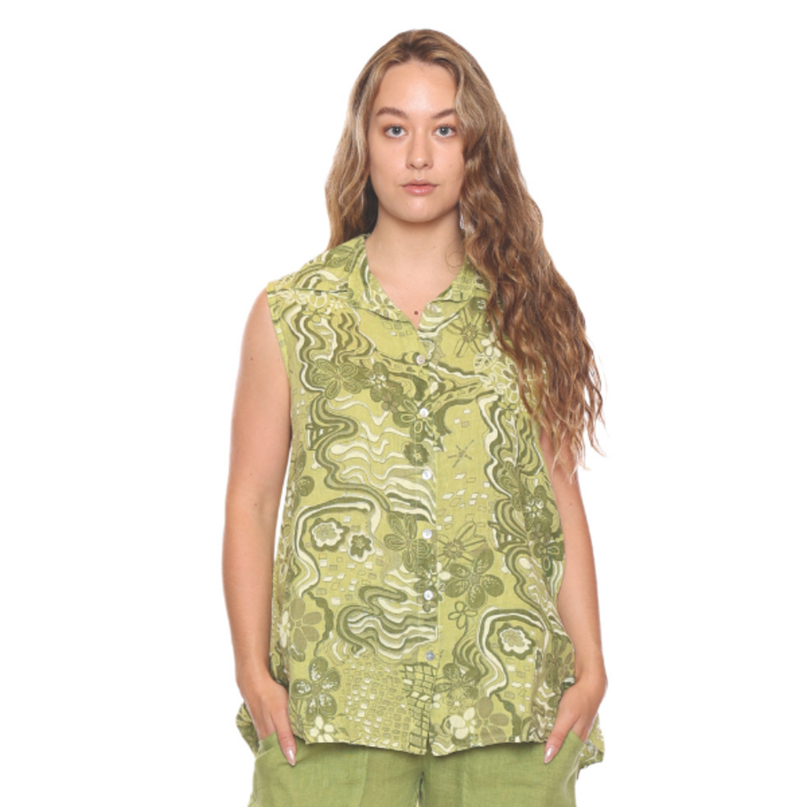 Sorella Sorella - Sleeveless Button-up Patterned Top