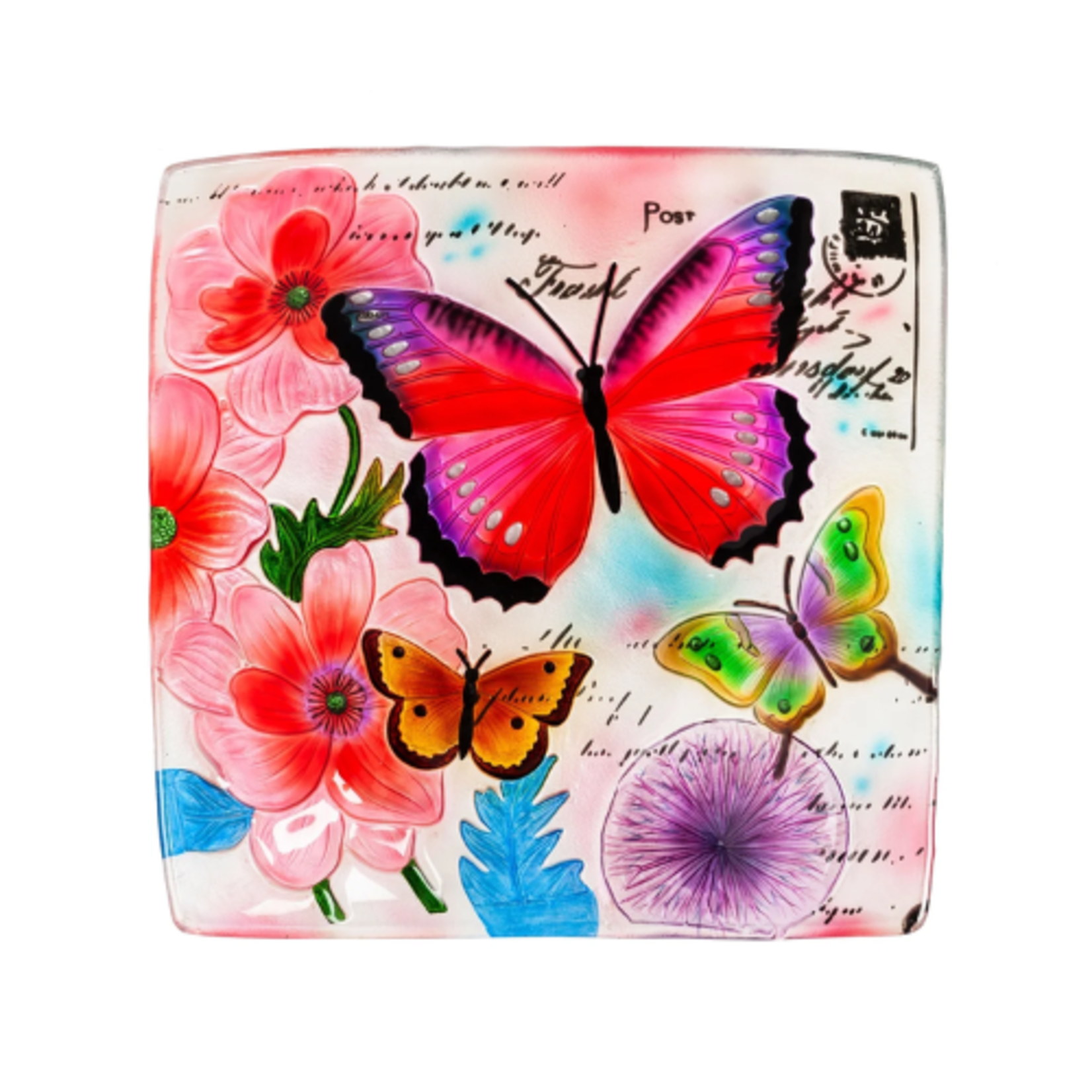 Evergreen Enterprises 16.5" Hand Painted Embossed Square Bird Bath - Butterfly Prints