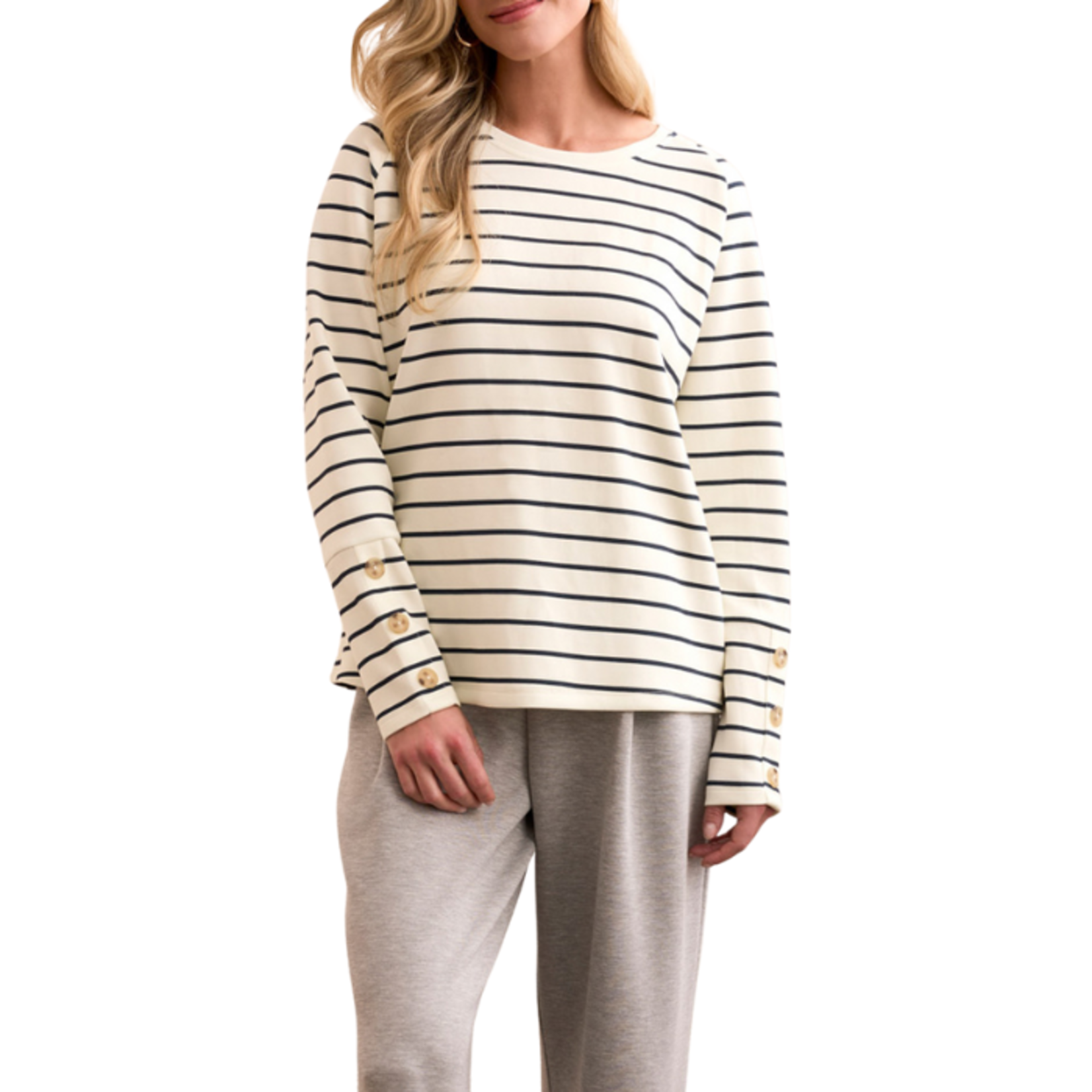 Tribal Tribal - Long Sleeve Crew Neck Top with Button Cuff Detail