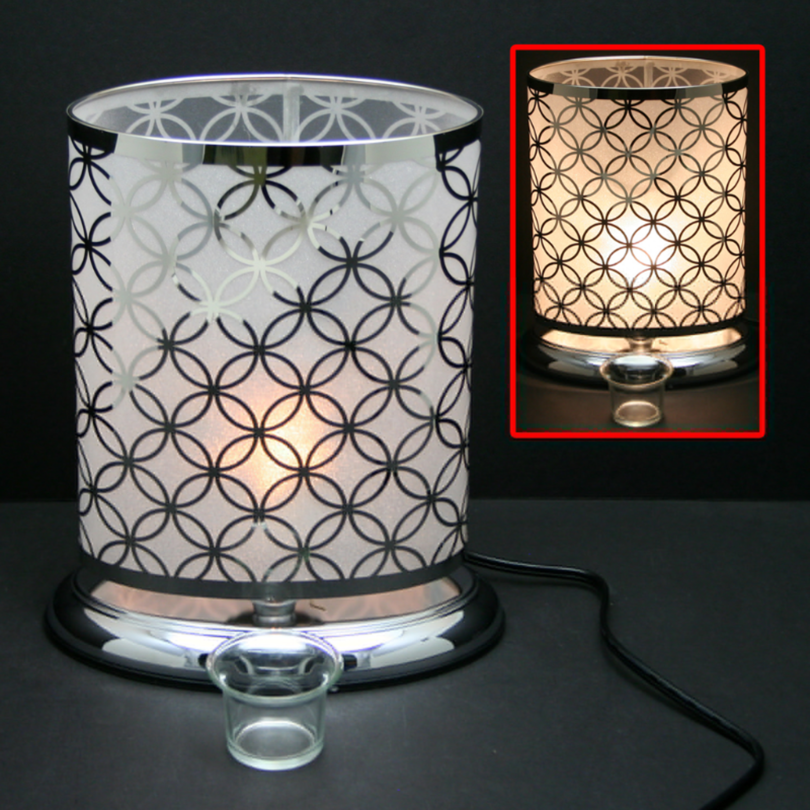 Touch Sensor Oval Lamp w/ Scented Oil Holder -  Silver Circles 10"H