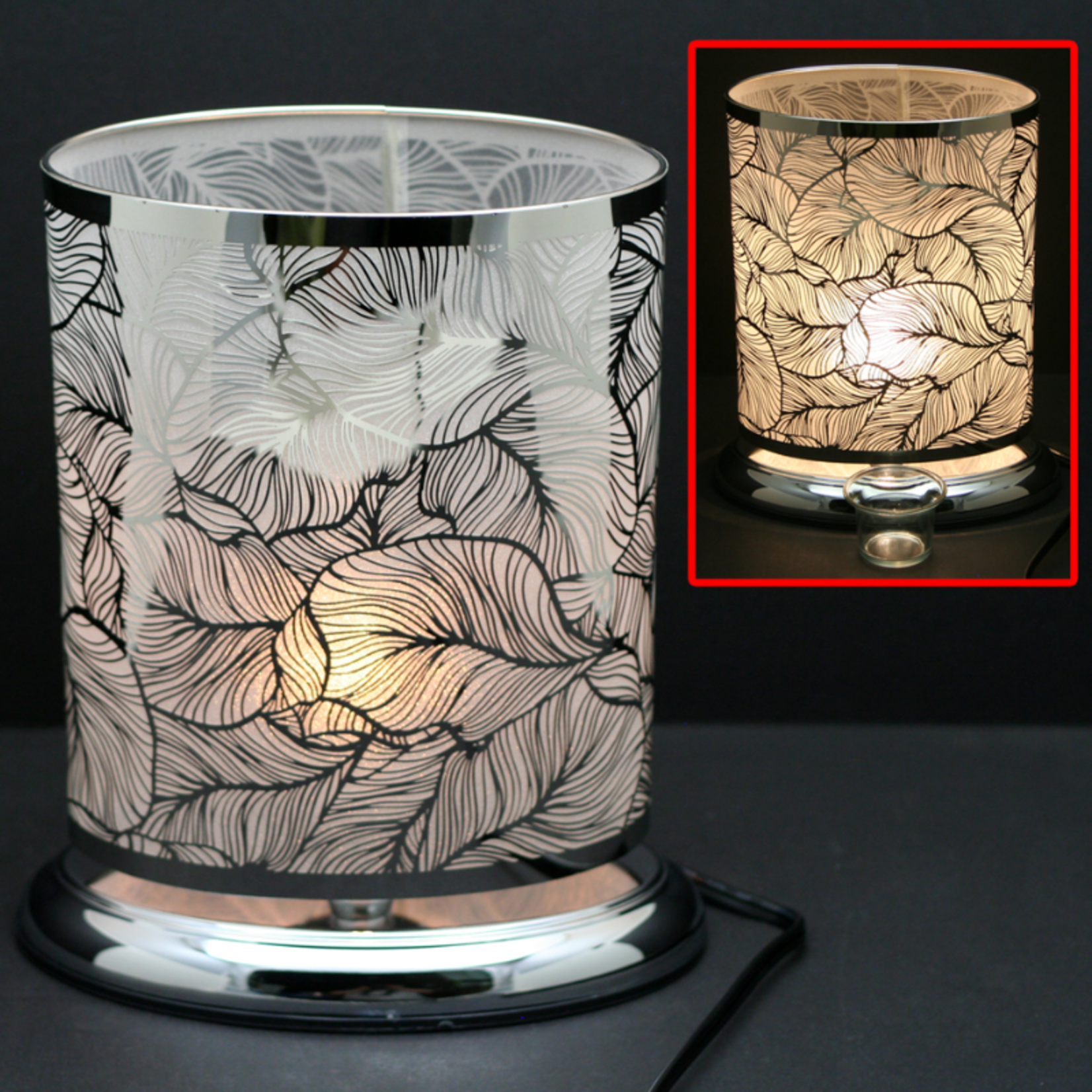 Touch Sensor Oval Lamp w/ Scented Oil Holder -  Silver Feather 10"H