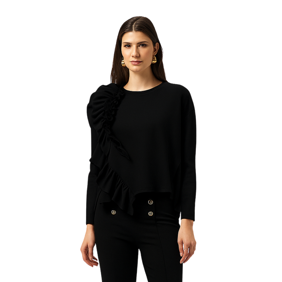 ▪️専用　BORDER FRILL TOP(38) 　BLACK Joseph Ribkoff - Asymmetrical Ruffle Detail Top - The Green Spot