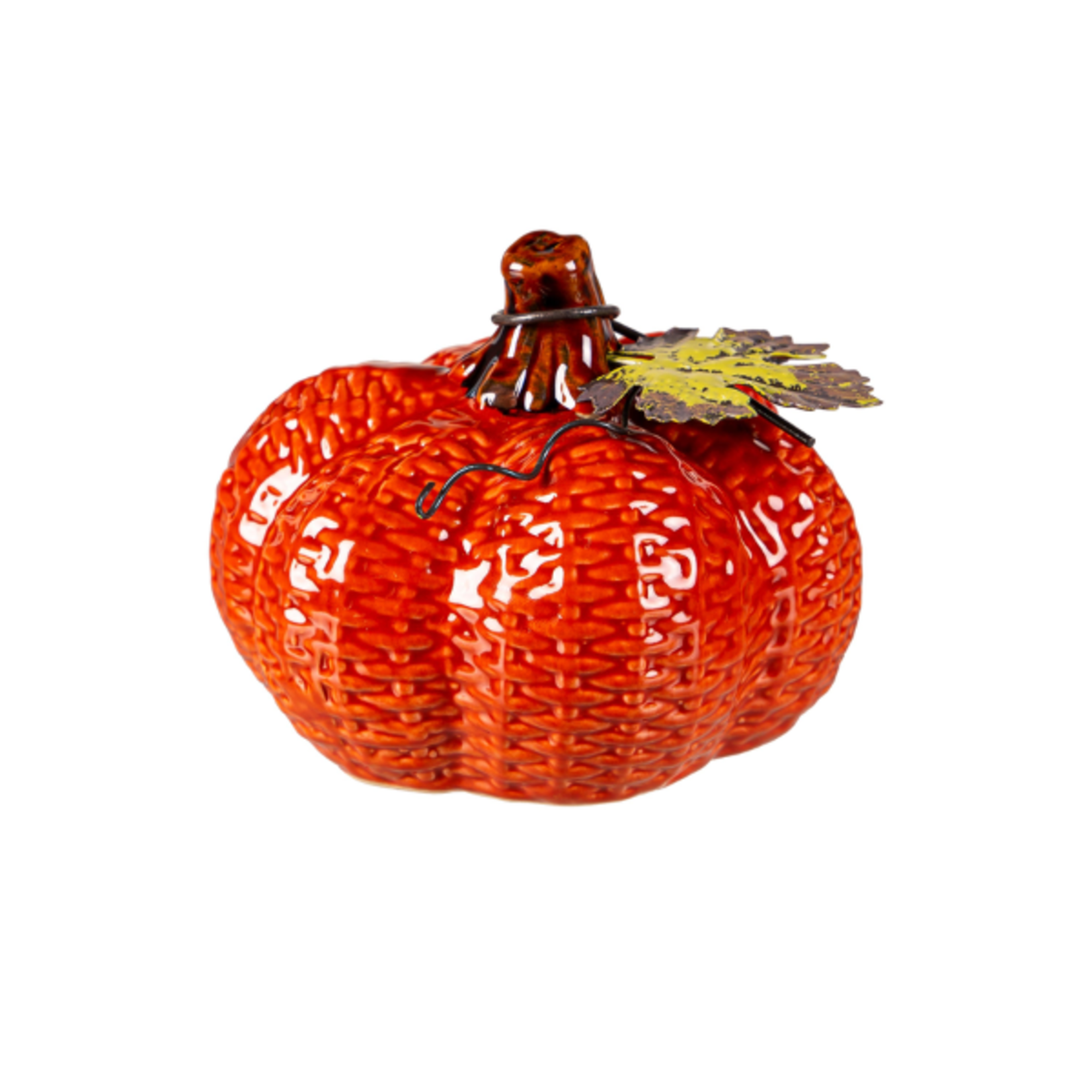 Evergreen Enterprises Ceramic Pumpkin w/ Metal Leaf - Assorted Colors - 3.75"