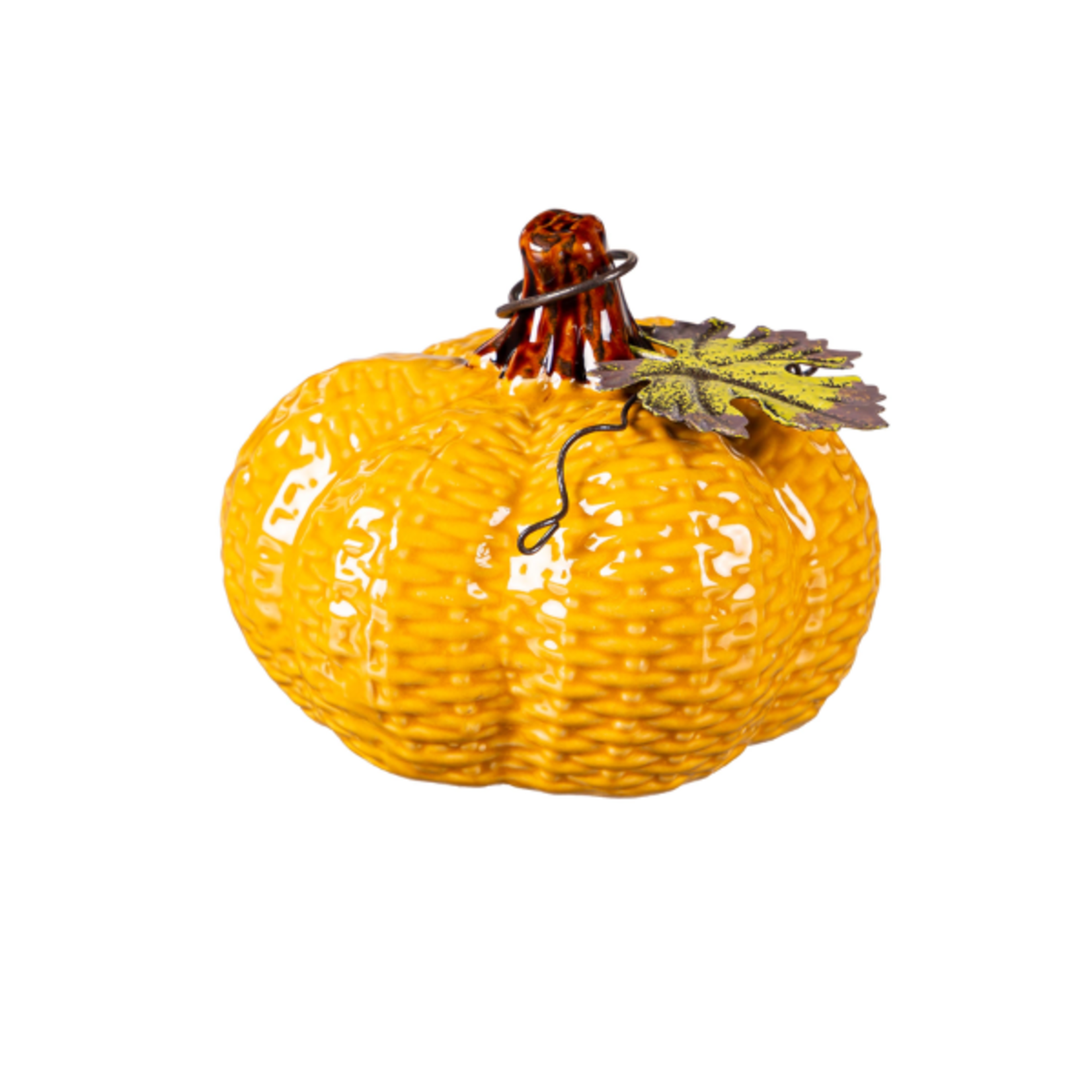 Evergreen Enterprises Ceramic Pumpkin w/ Metal Leaf - Assorted Colors - 3.75"