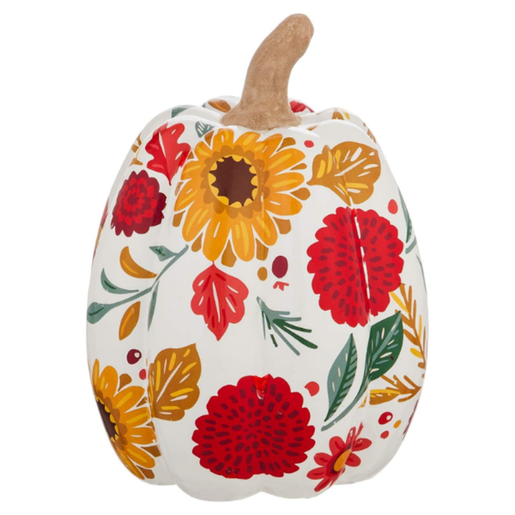 Evergreen Enterprises Printed Ceramic Pumpkin - Autumn Blooms - White/Floral LG
