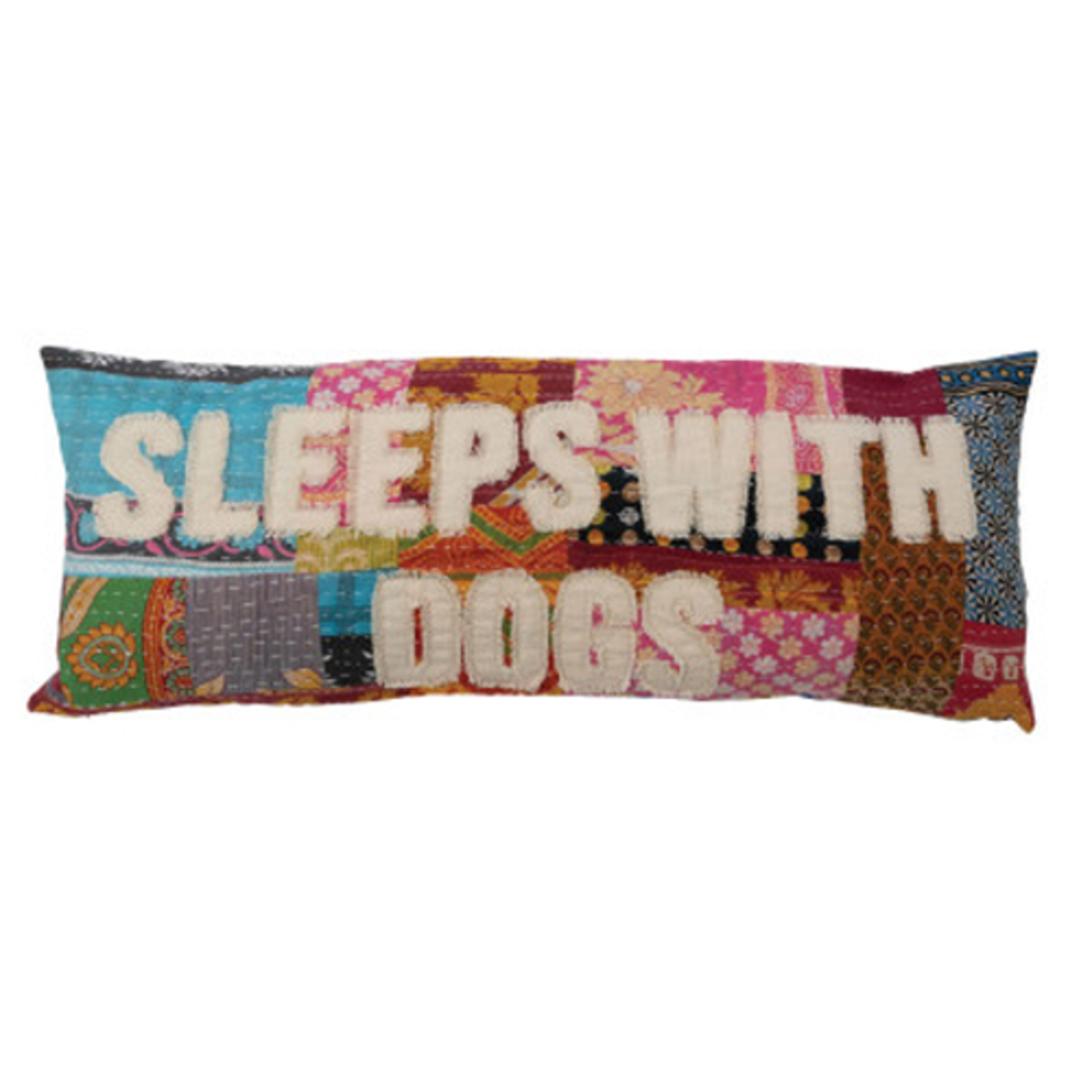 Creative Co-Op Vintage Kantha Patchwork Lumbar Pillow "Sleeps with Dogs"