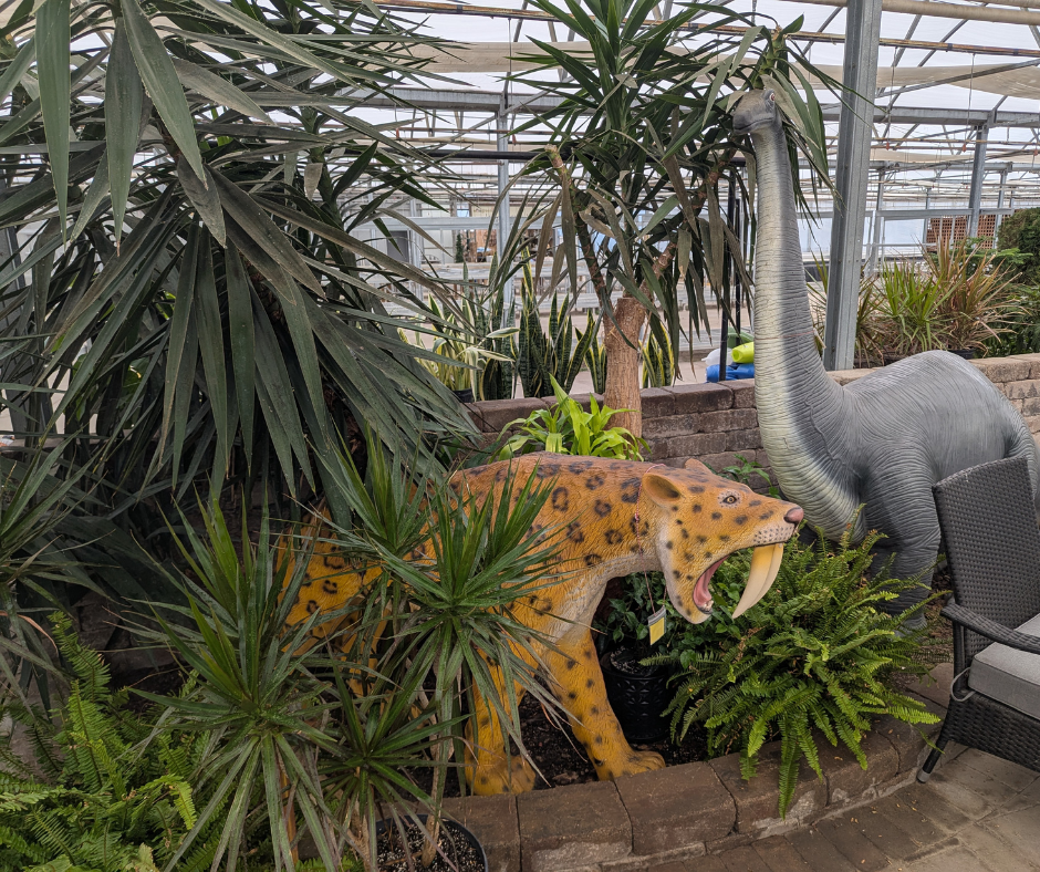 Apatosaurus and sabre-tooth statues beside tropical plants