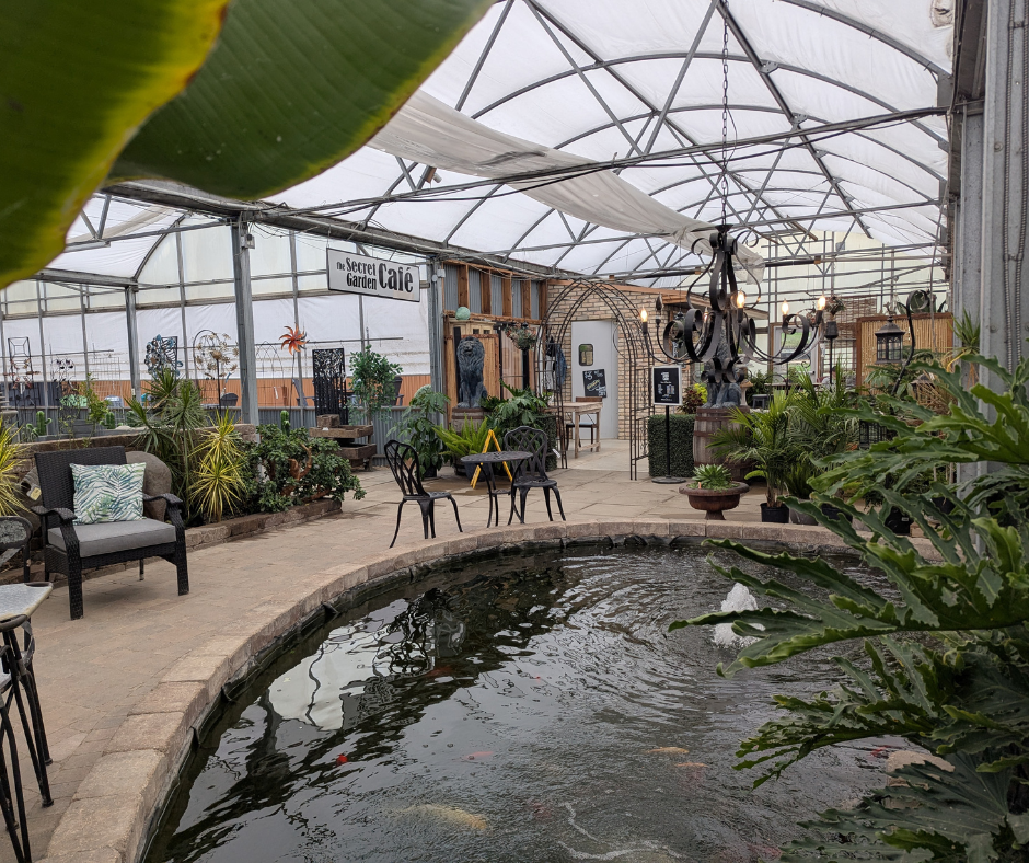 Seating beside the koi pond at The Secret Garden Café