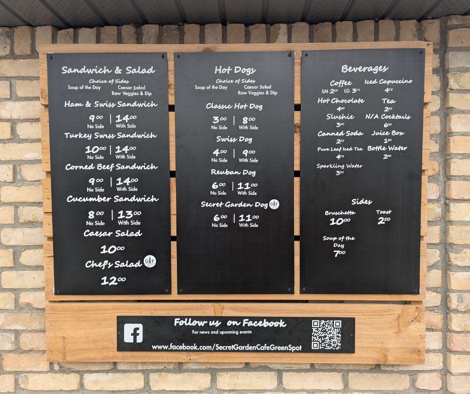 The Secret Garden Café menu board