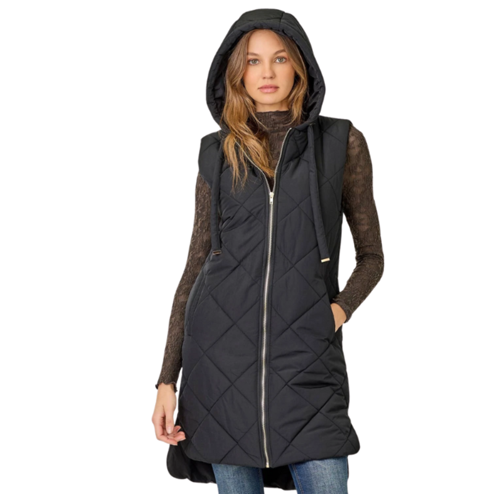Mystree Mystree - Quilted Puffer Long Hoodie Vest
