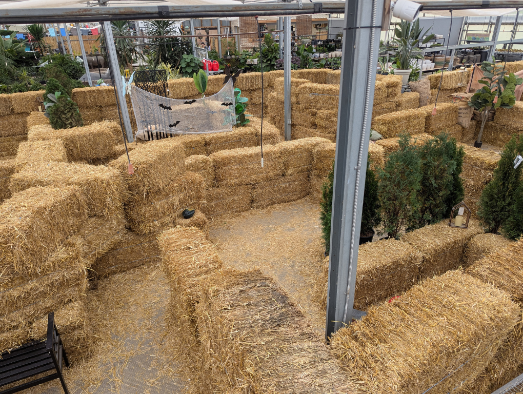 Overhead view of The Green Spot's massive straw bale maze