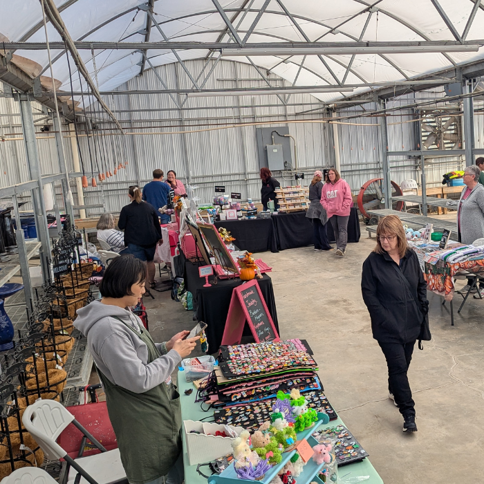 Shoppers browsing market stalls