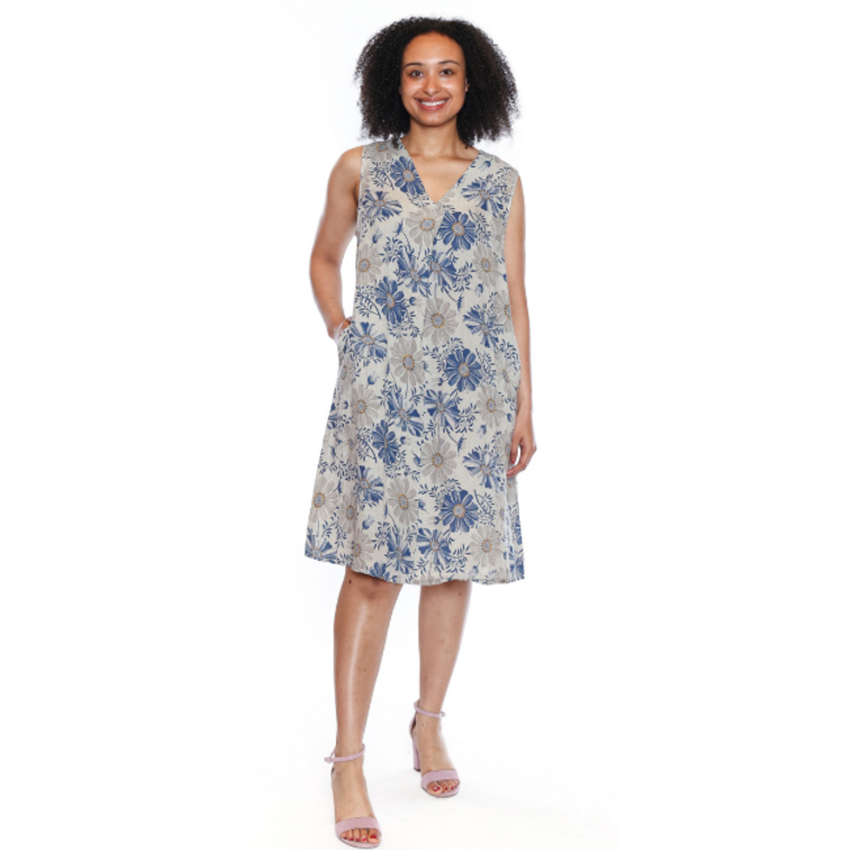 Sorella Sorella - Linen Floral V-Neck Dress w/ Pockets