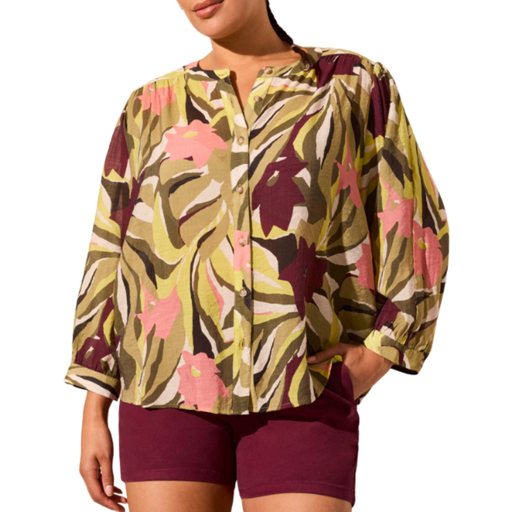 Tribal Tribal - Flowy Dolman Sleeve Blouse w/ Self-Covering Buttons