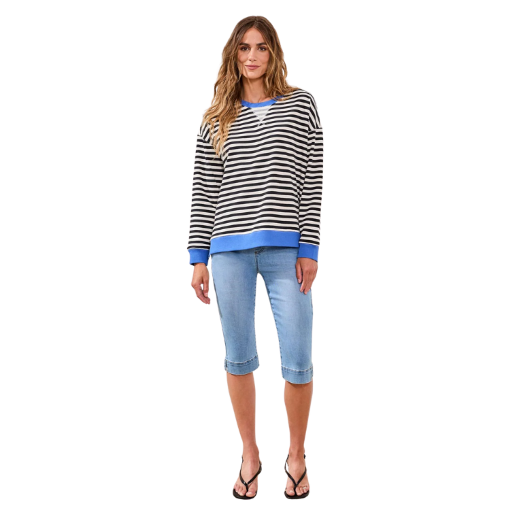 Tribal Tribal - Striped French Terry Crew Neck Top w/ Combo Trim