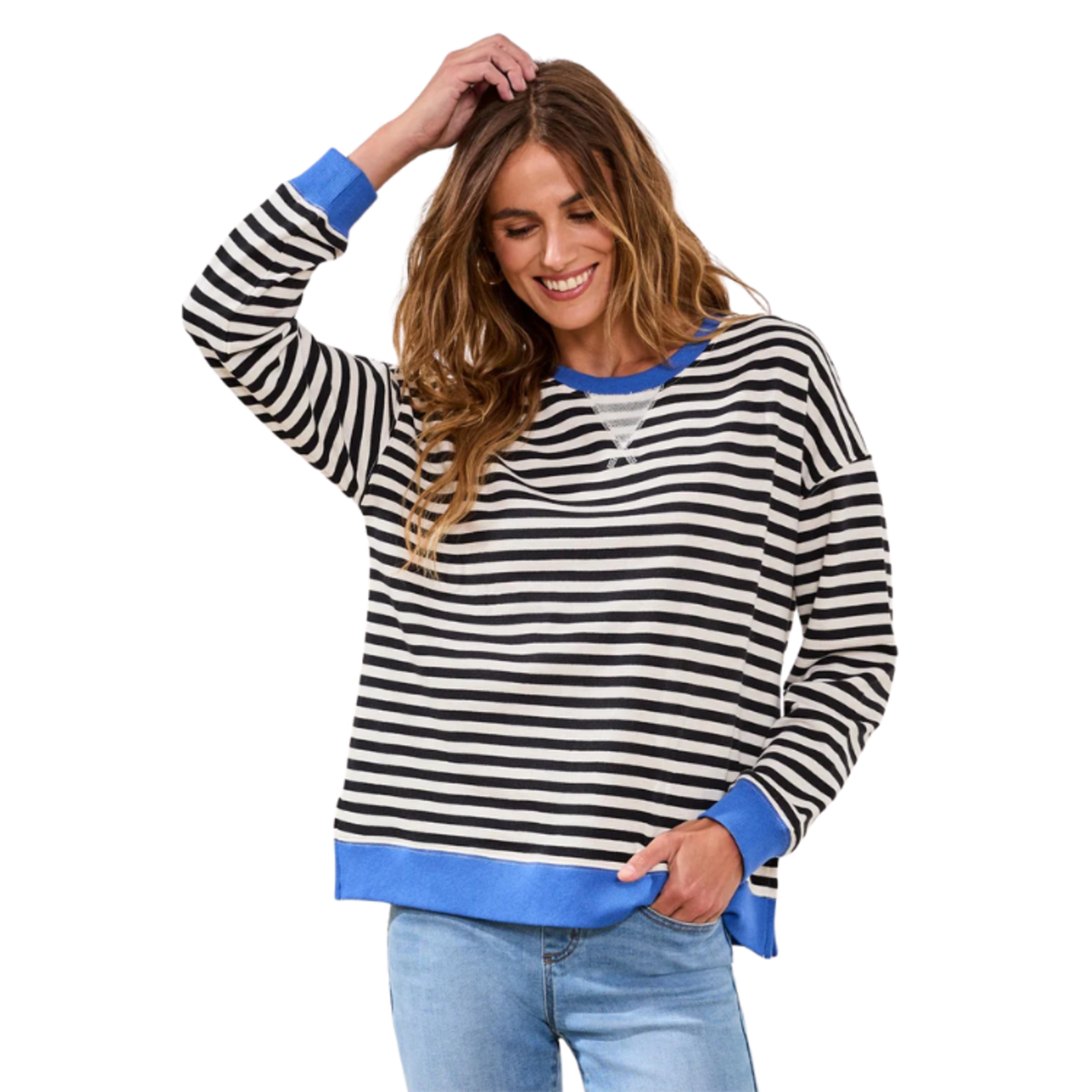 Tribal Tribal - Striped French Terry Crew Neck Top w/ Combo Trim