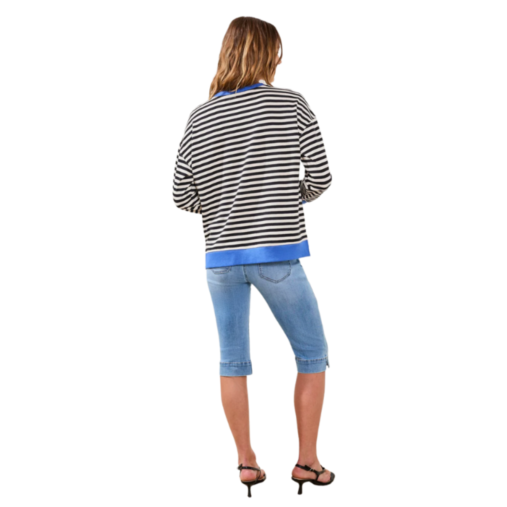 Tribal Tribal - Striped French Terry Crew Neck Top w/ Combo Trim