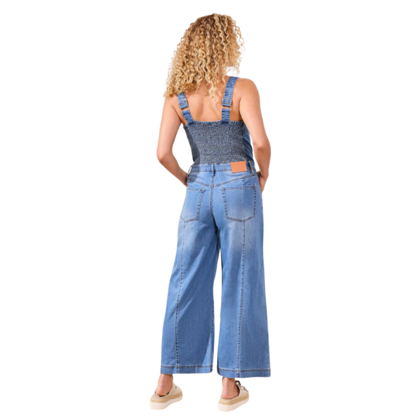 Tribal Tribal - Flowy Denim Wide Leg Jumpsuit w/ Shirred Elastic Back