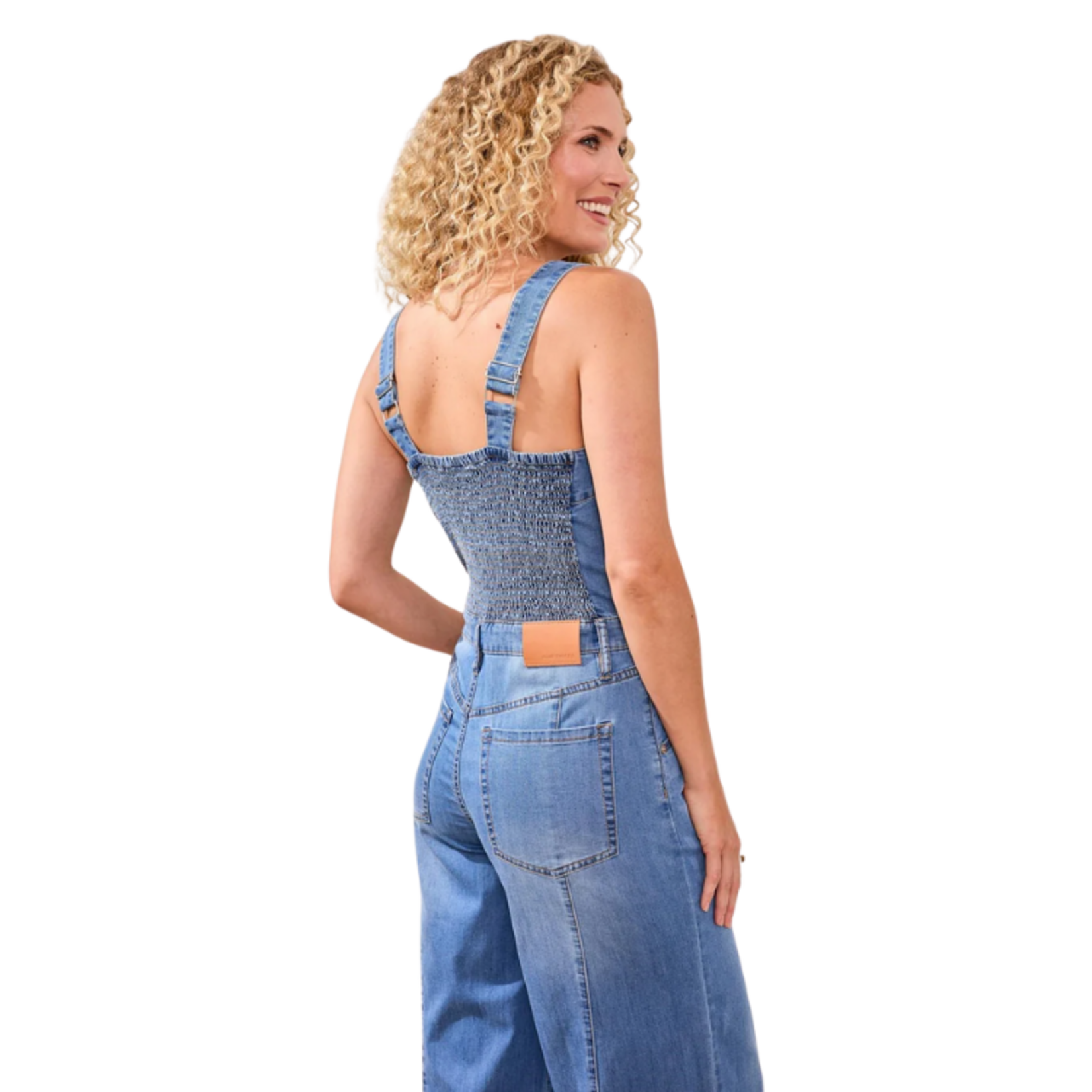 Tribal Tribal - Flowy Denim Wide Leg Jumpsuit w/ Shirred Elastic Back