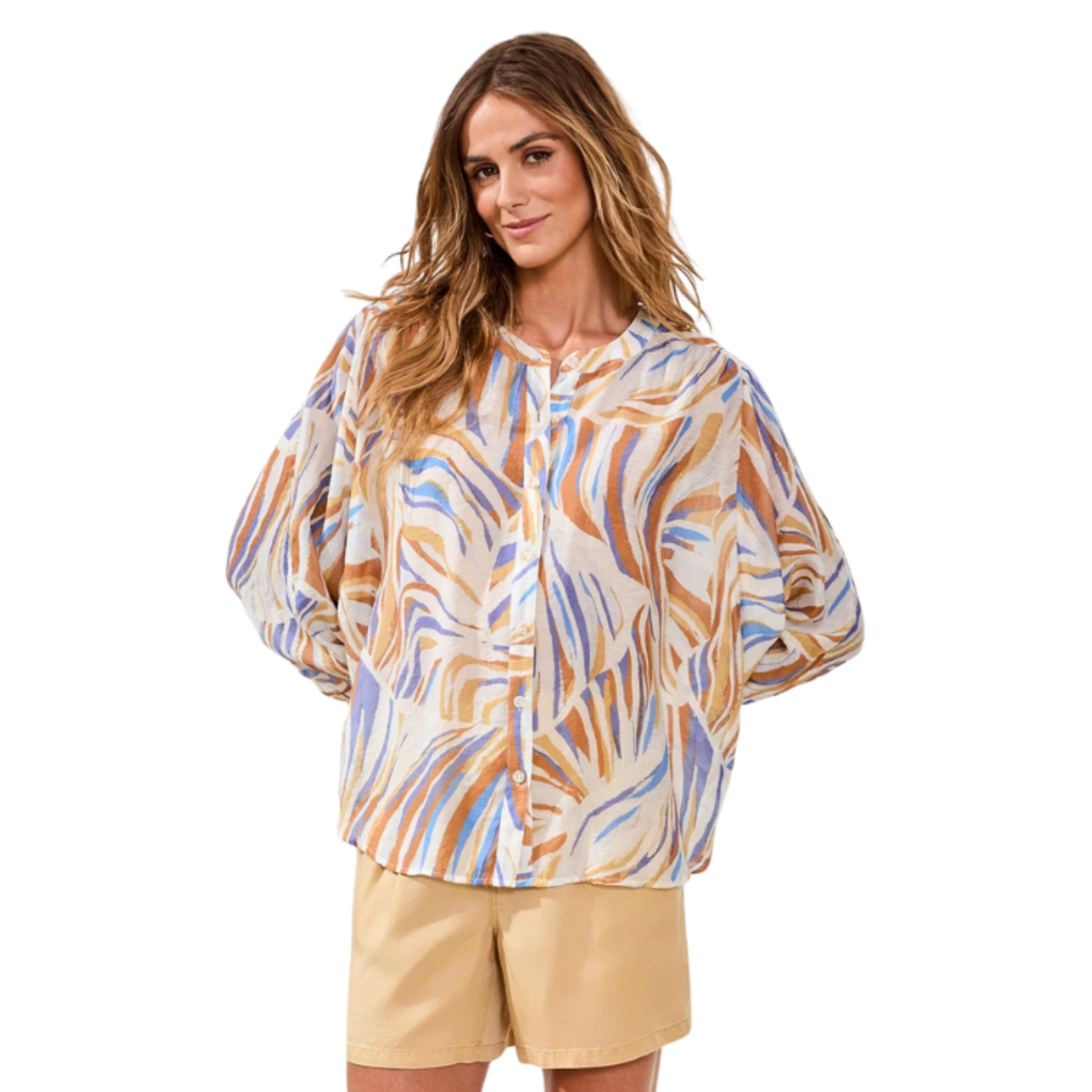 Tribal Tribal - Flowy Dolman Sleeve Blouse w/ Self-Covering Buttons