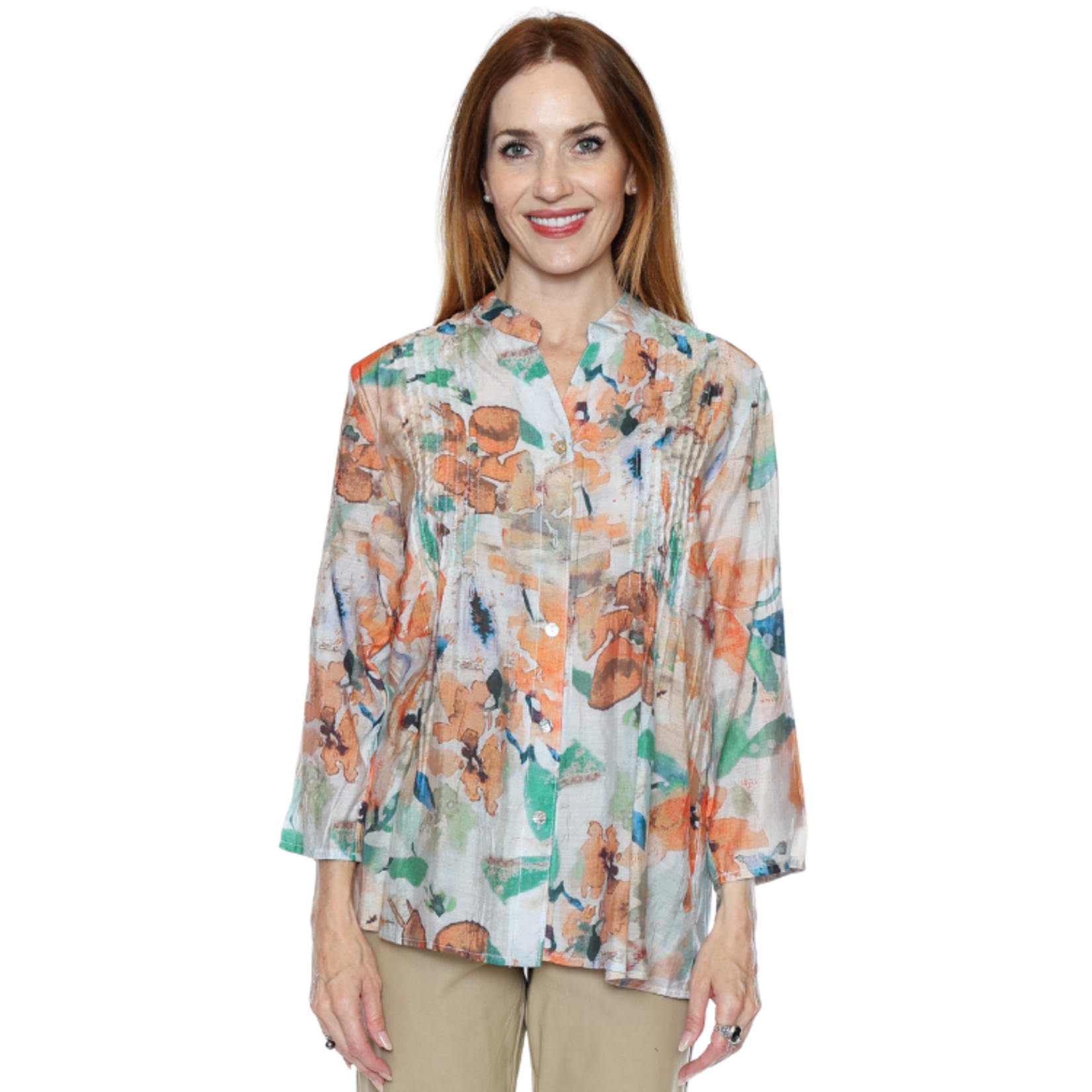 Papa Fashions Papa Fashions - Abstract Print Pintuck Button-Front Blouse