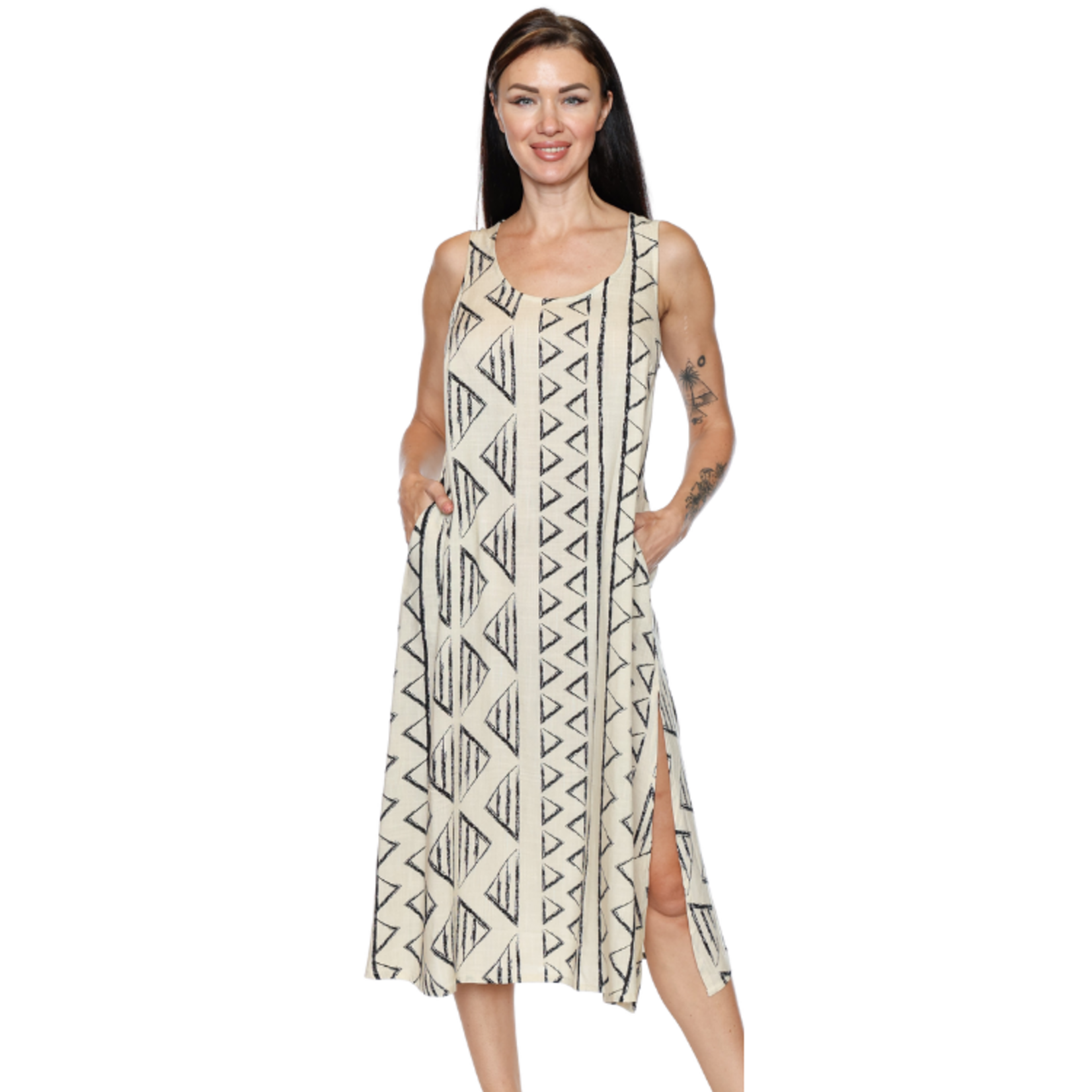 Papa Fashions Papa Fashions - Geometric Print Sleeveless Midi Dress with Pockets